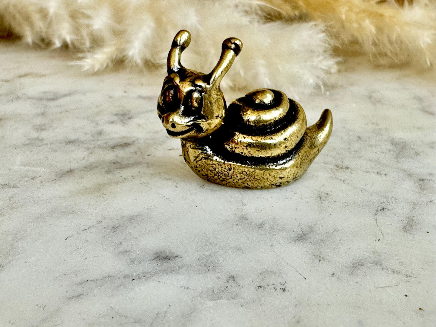 Solid brass Happy Garden Snail Miniature, Metal Snail figurine, lifelike solid brass shelled gastropod ornament