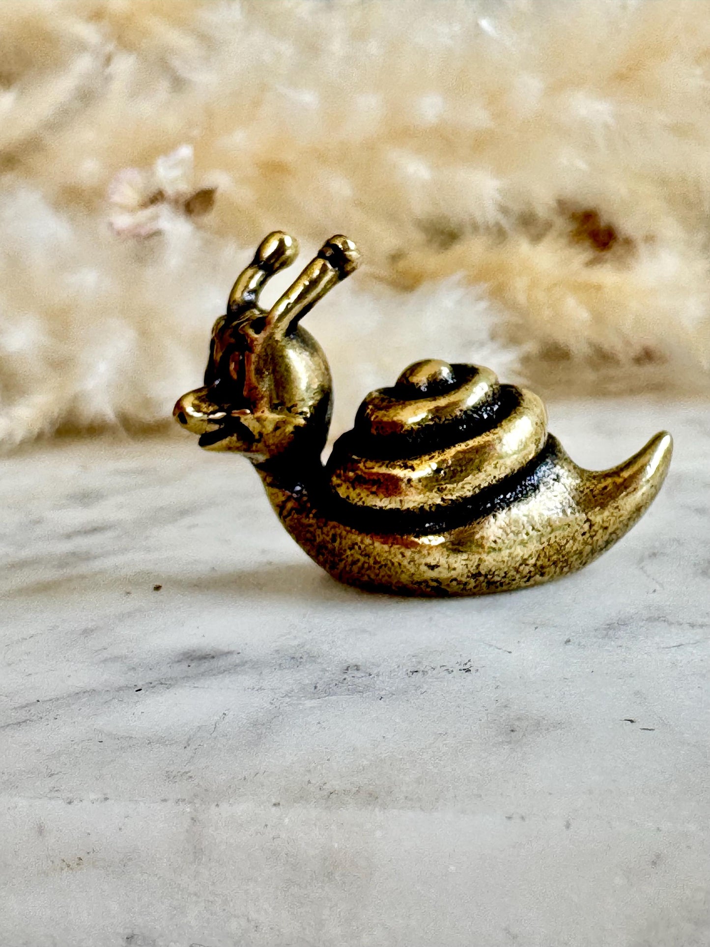 Solid brass Happy Garden Snail Miniature, Metal Snail figurine, lifelike solid brass shelled gastropod ornament