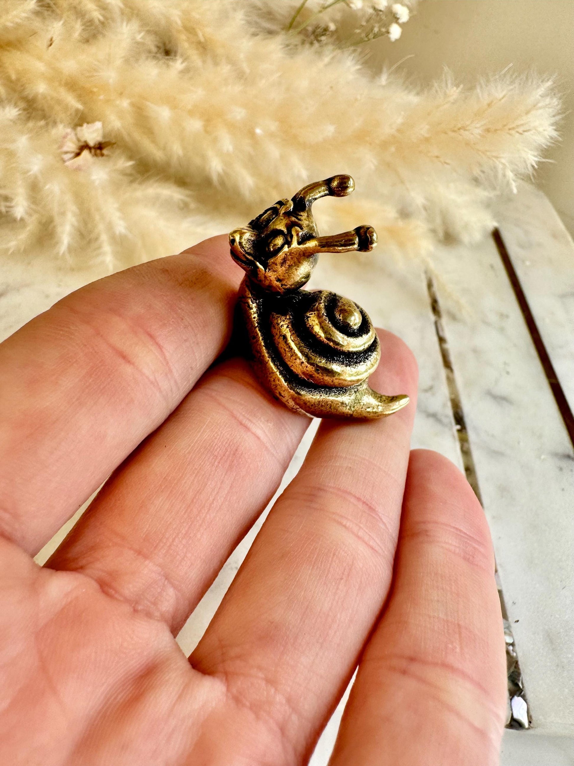 Solid brass Happy Garden Snail Miniature, Metal Snail figurine, lifelike solid brass shelled gastropod ornament