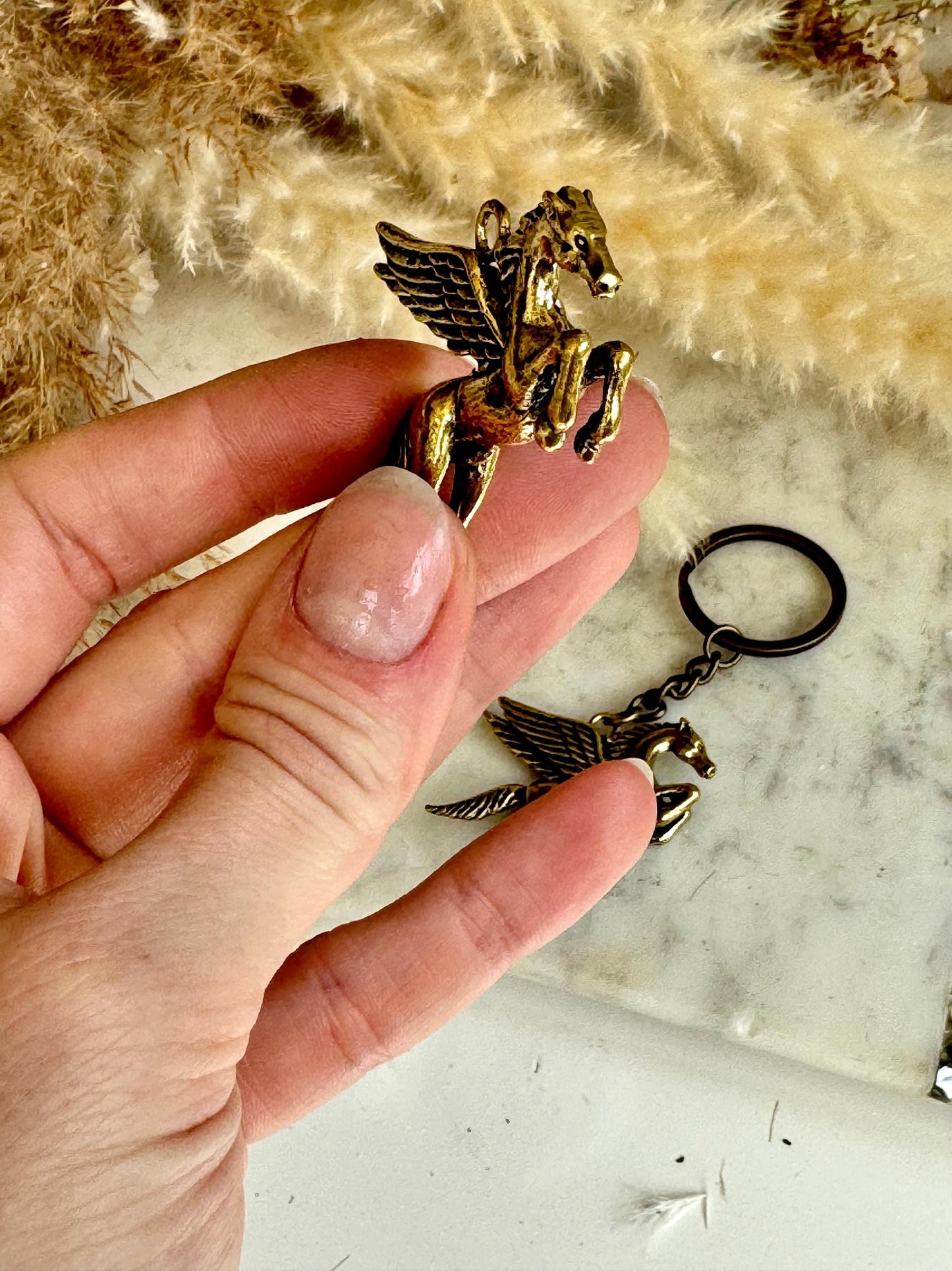 Solid Brass Horse Wings Pegasus Key Ring - Metal Lucky Charm Pendant | Mythical Horse Gift, Equestrian Accessory, Golden Pegasus Jewelry