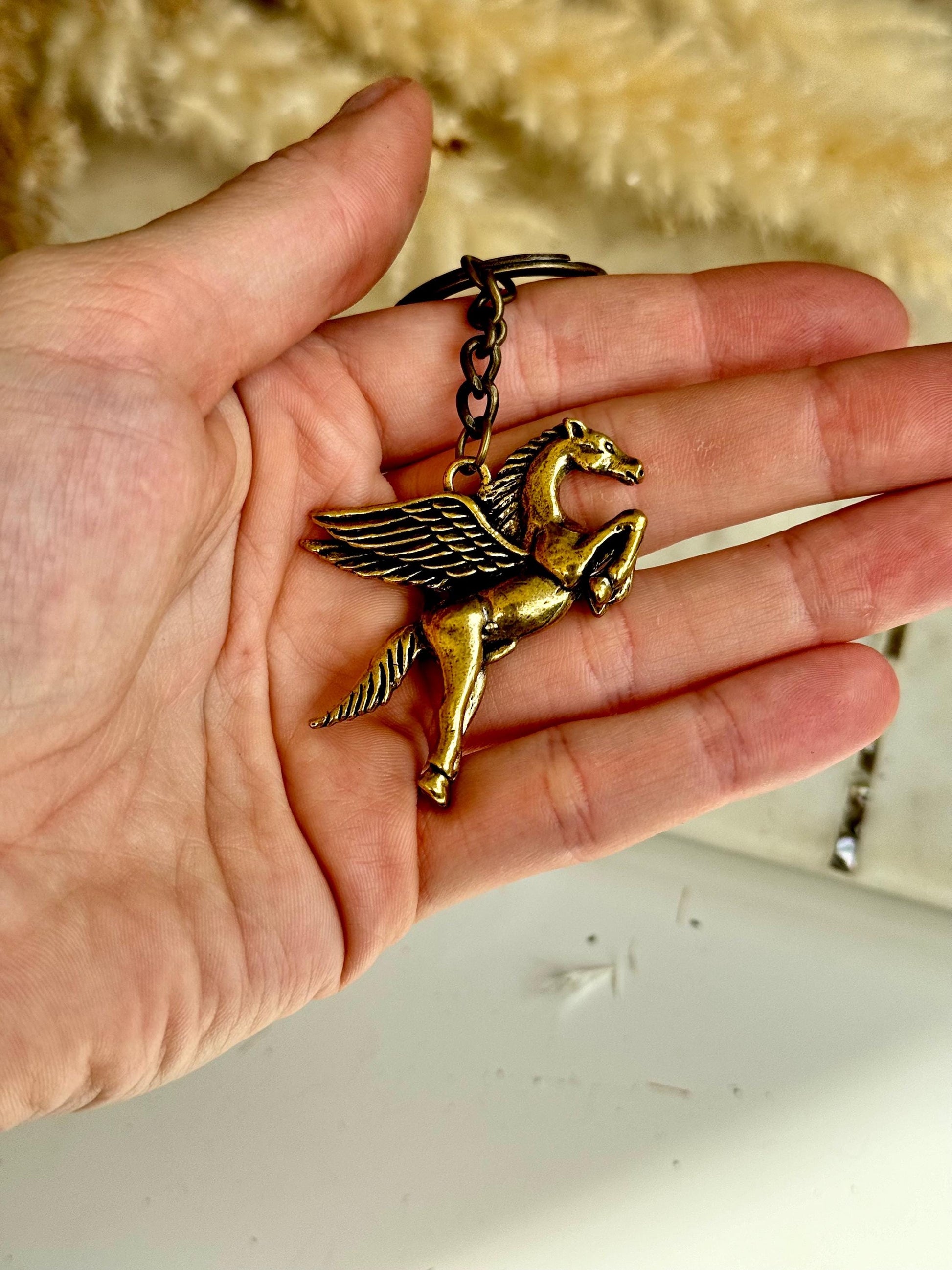 Solid Brass Horse Wings Pegasus Key Ring - Metal Lucky Charm Pendant | Mythical Horse Gift, Equestrian Accessory, Golden Pegasus Jewelry