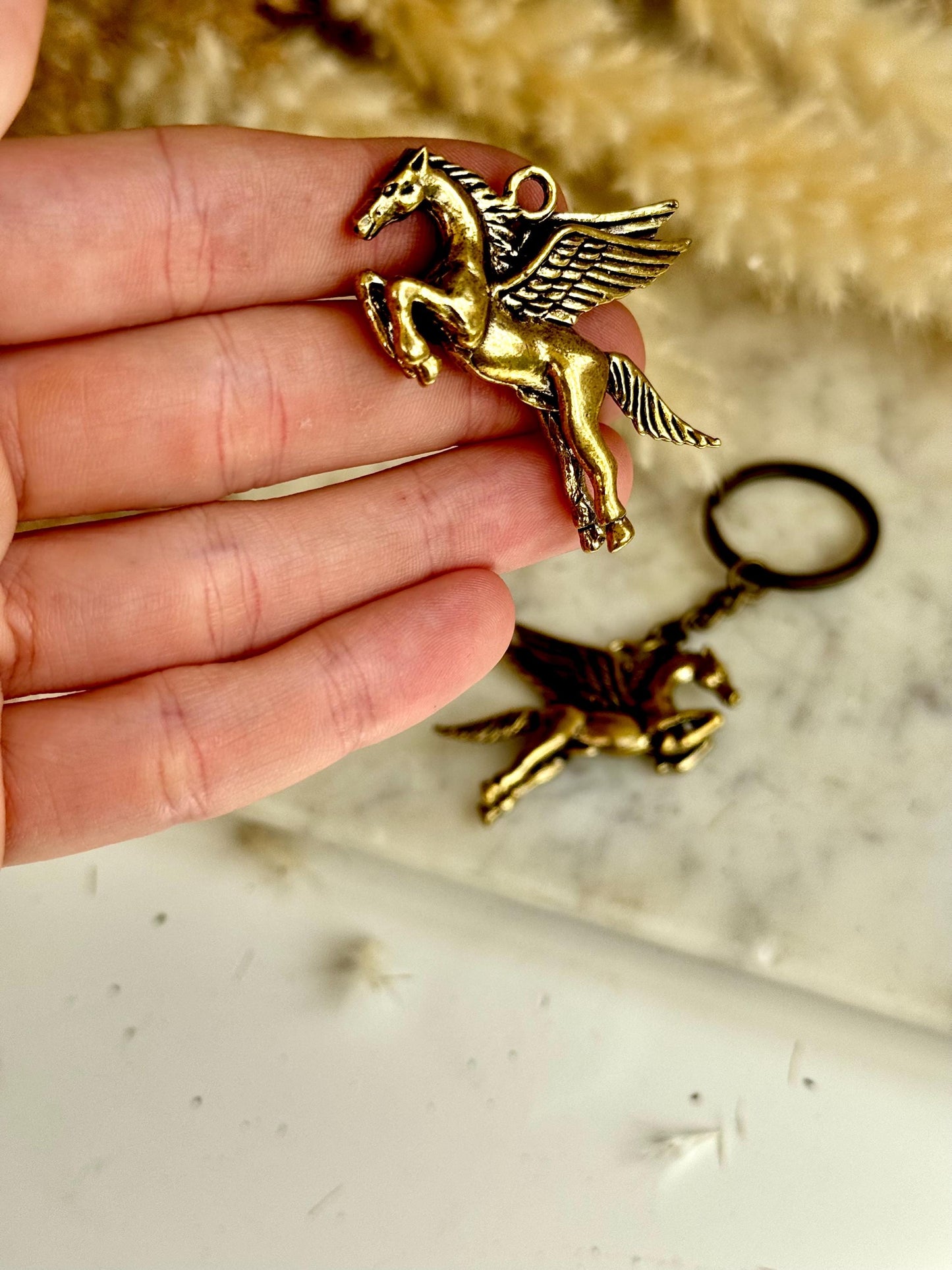 Solid Brass Horse Wings Pegasus Key Ring - Metal Lucky Charm Pendant | Mythical Horse Gift, Equestrian Accessory, Golden Pegasus Jewelry