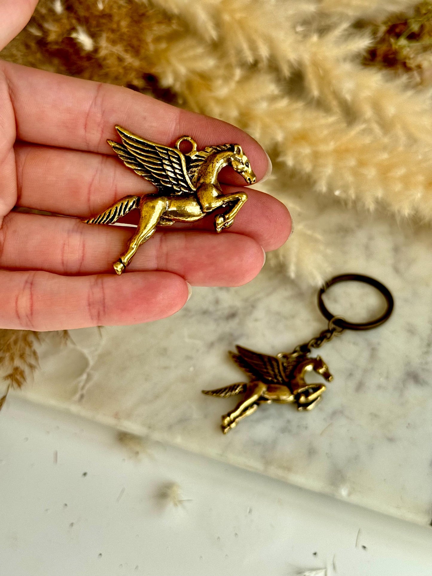 Solid Brass Horse Wings Pegasus Key Ring - Metal Lucky Charm Pendant | Mythical Horse Gift, Equestrian Accessory, Golden Pegasus Jewelry