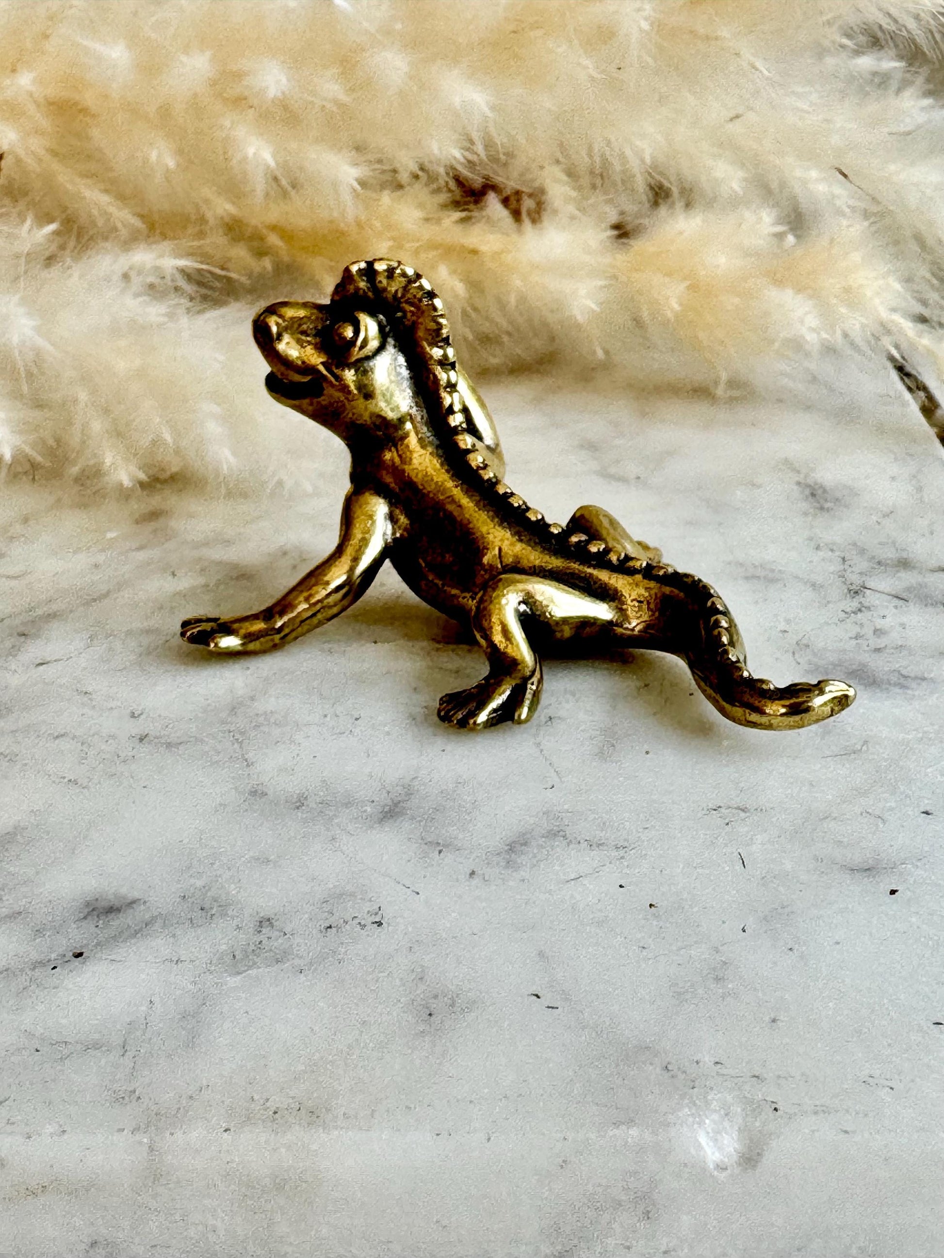 Solid Brass Happy lizard ornament, metal dragon sculpture, monster figurine, Iguana ornament, lizard teapet, metal reptile