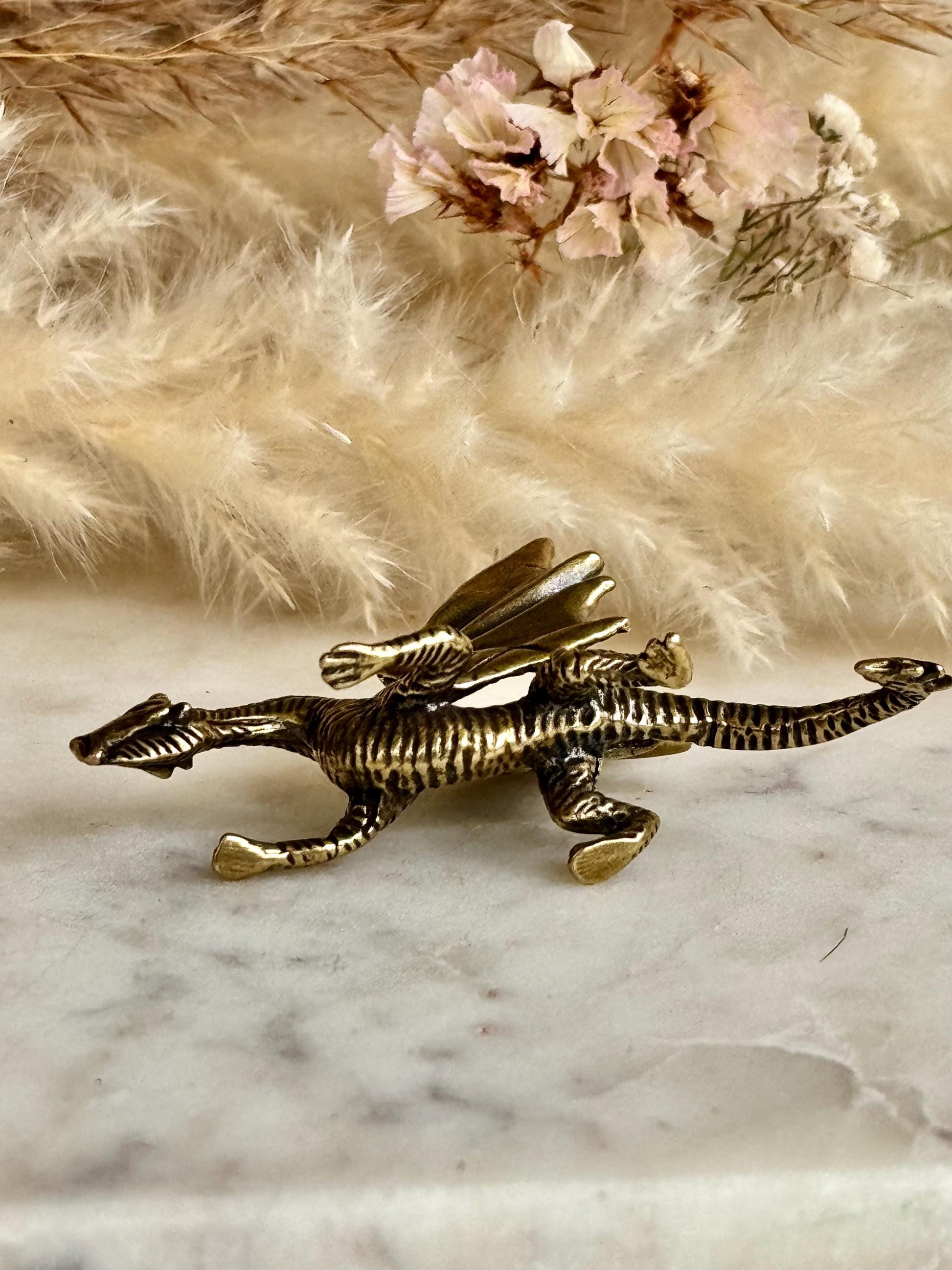 Beautiful Dragon solid brass miniature, Western dragon Statue, golden dragon statuette, Beautiful fighting dragon ornament