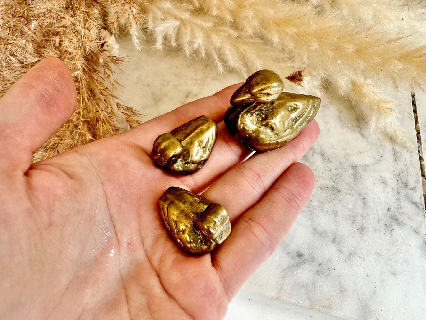 Antique Solid Brass Decorative Figurine: Three Ducks - Mother Duck with Two Baby Ducks, collectible brass bird statuettes