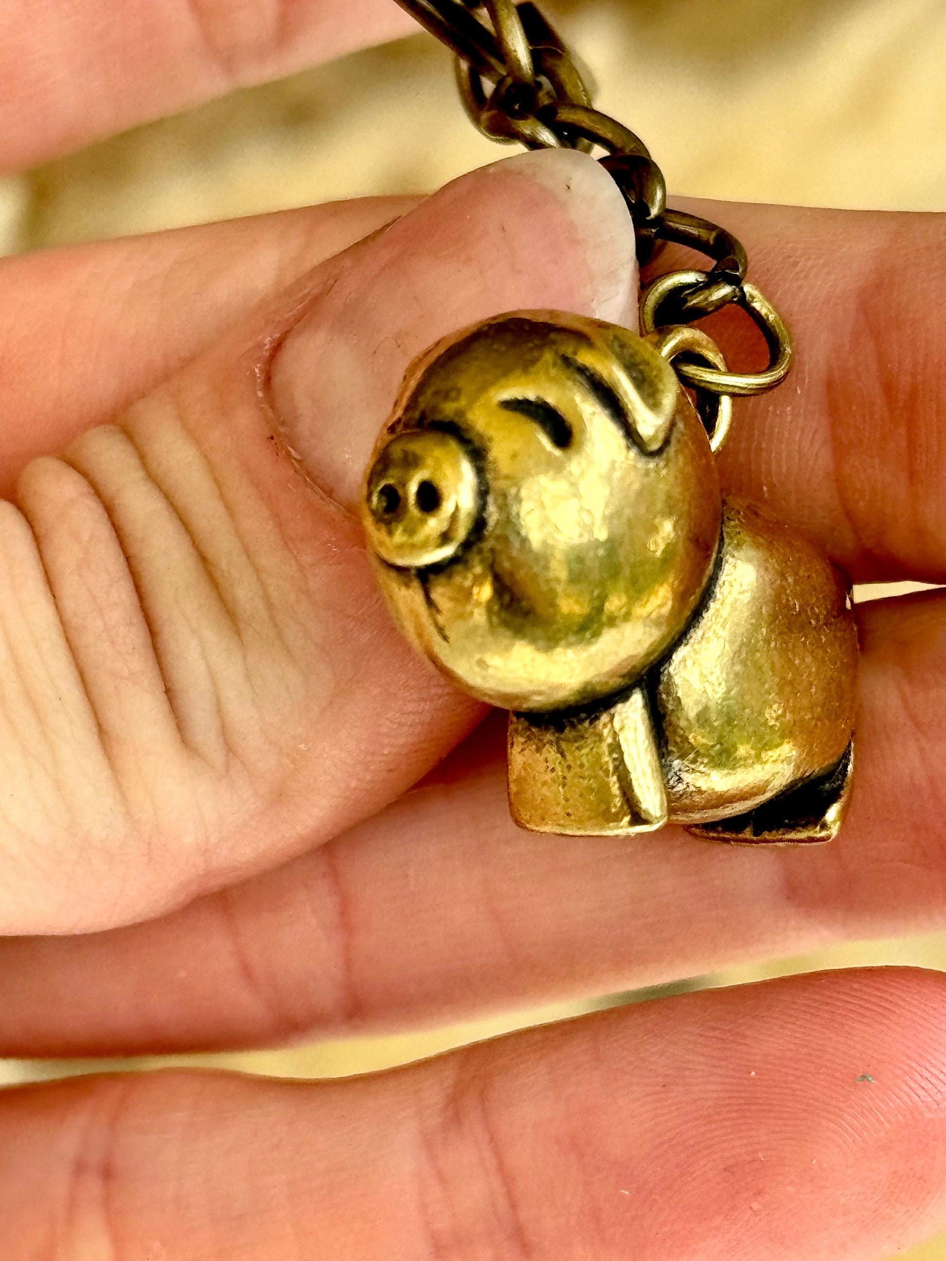 Happy little piglet fine workmanship solid brass keyring, brass pig charm, cute little piggy sculpture