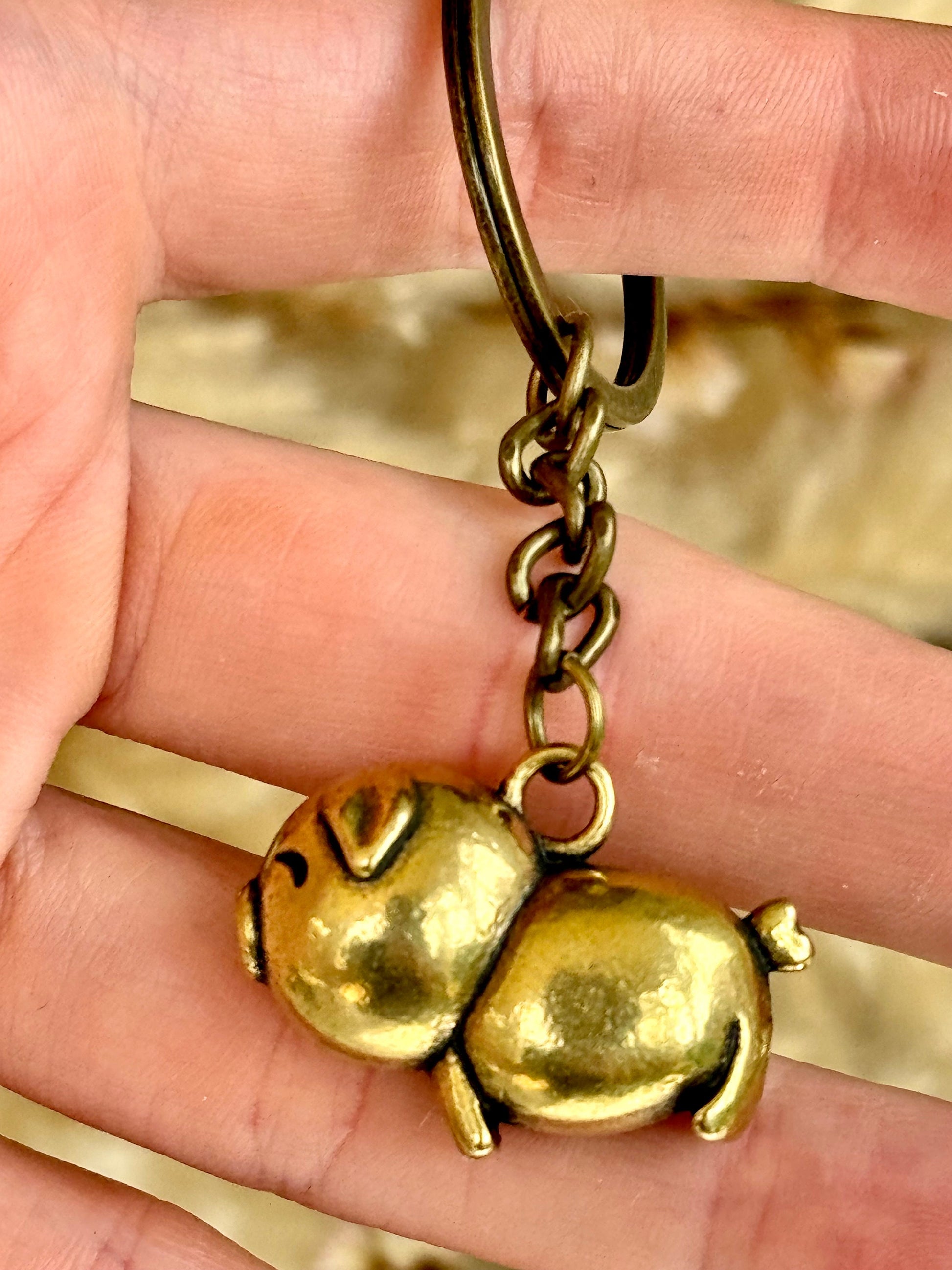 Happy little piglet fine workmanship solid brass keyring, brass pig charm, cute little piggy sculpture