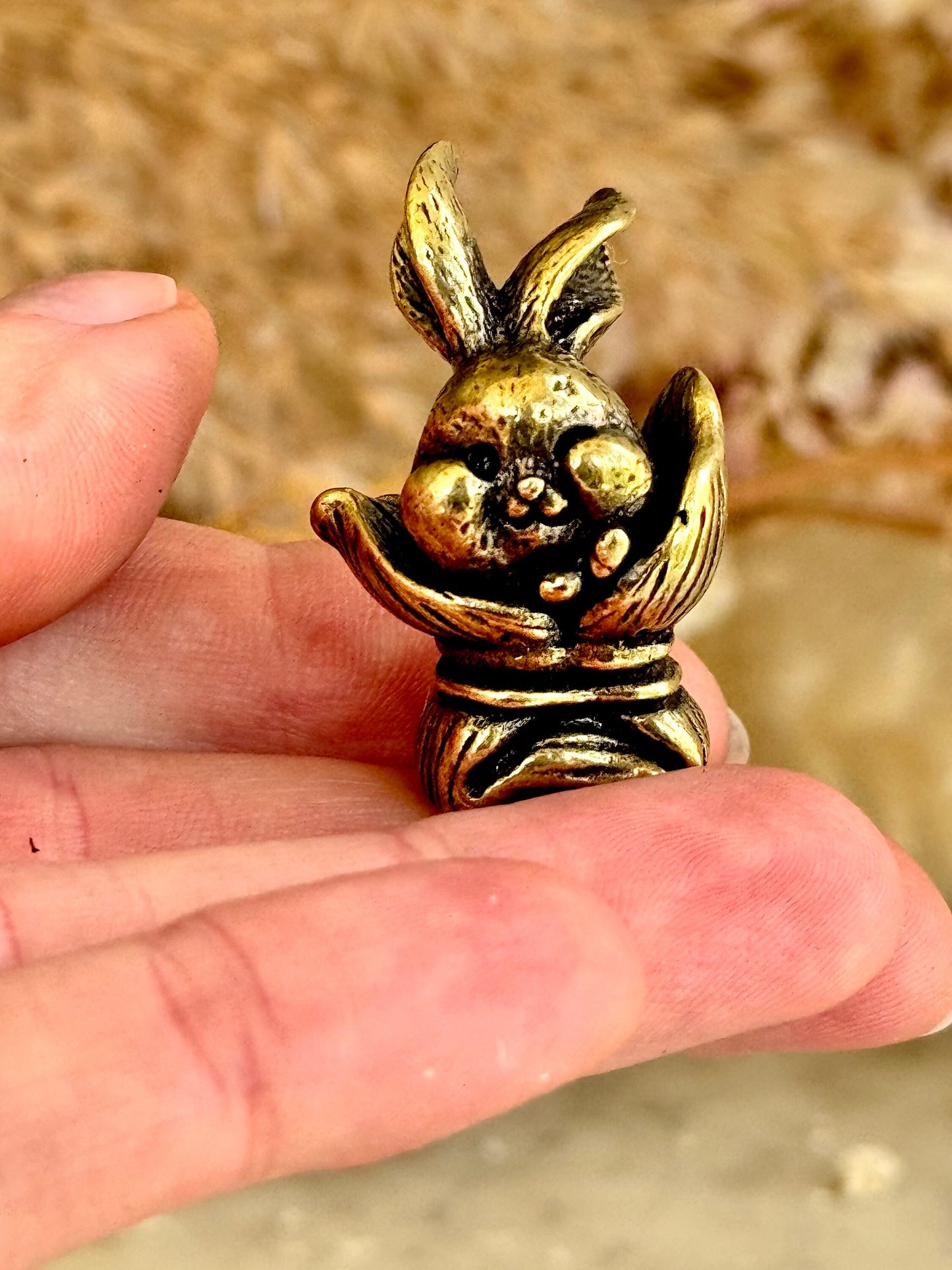 Adorable bunny in a bag figurines, cute rabbit workmanship, bunny ornament, bunny gift, Solid Brass figurine, cute gift