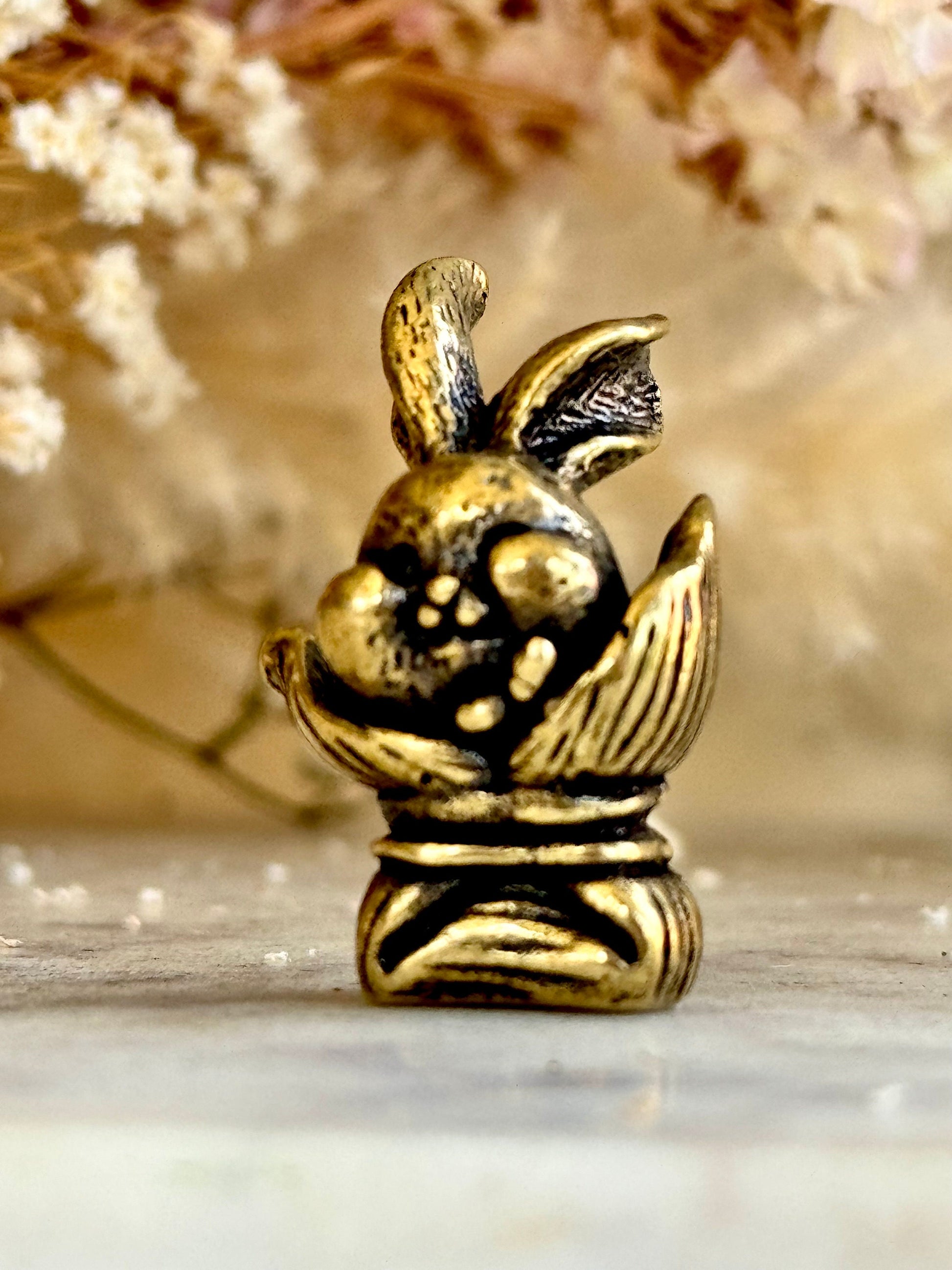 Adorable bunny in a bag figurines, cute rabbit workmanship, bunny ornament, bunny gift, Solid Brass figurine, cute gift