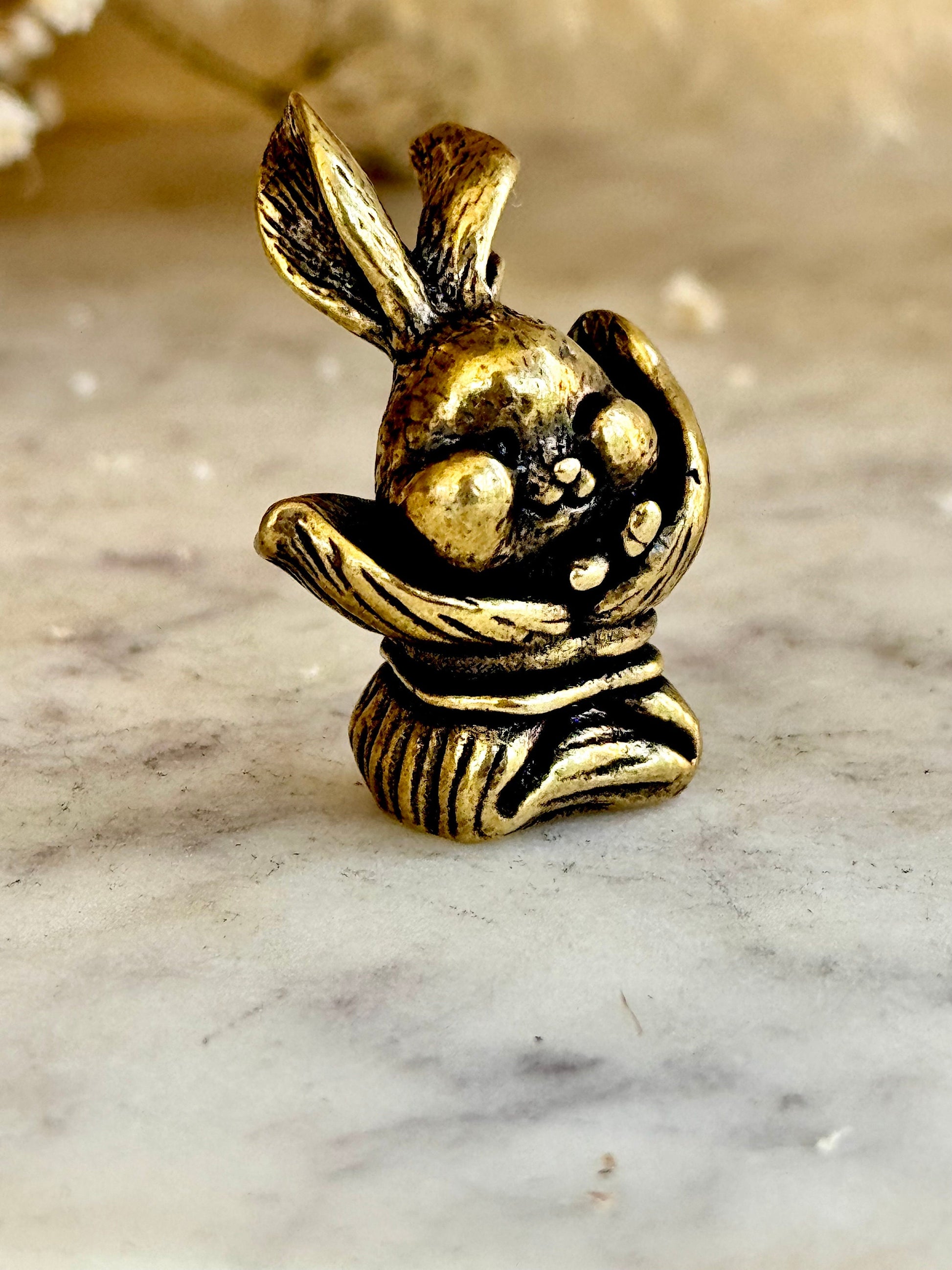 Adorable bunny in a bag figurines, cute rabbit workmanship, bunny ornament, bunny gift, Solid Brass figurine, cute gift