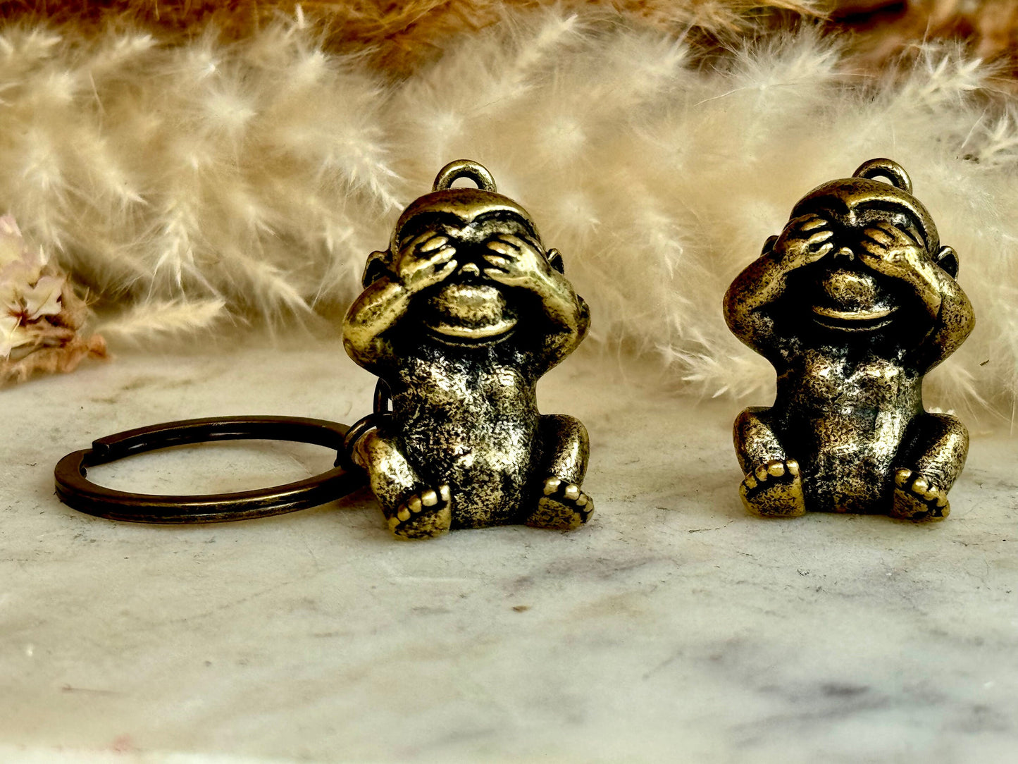 Solid Brass No See Monkey Keyring, Miniature Three Wise Monkey, Mizaru Charm, traditional Style See Hear Speak No Evil Monkeys Keychain