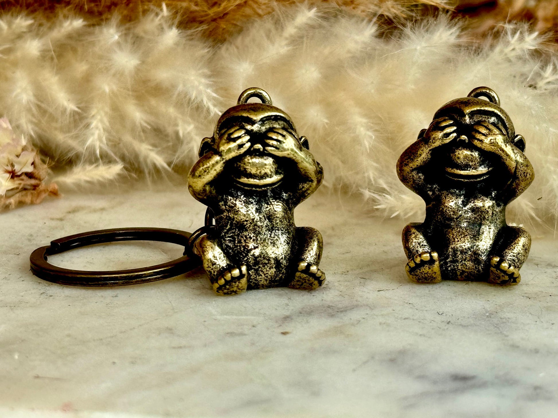 Solid Brass No See Monkey Keyring, Miniature Three Wise Monkey, Mizaru Charm, traditional Style See Hear Speak No Evil Monkeys Keychain