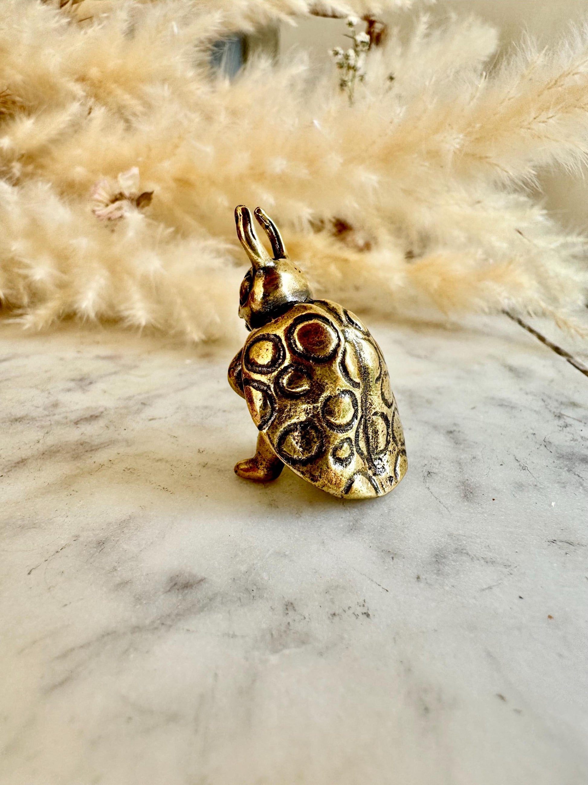 Solid brass Happy Ladybug figurine, little ladybird statuette, fine metal workmanship, insect ornament, good luck trinket