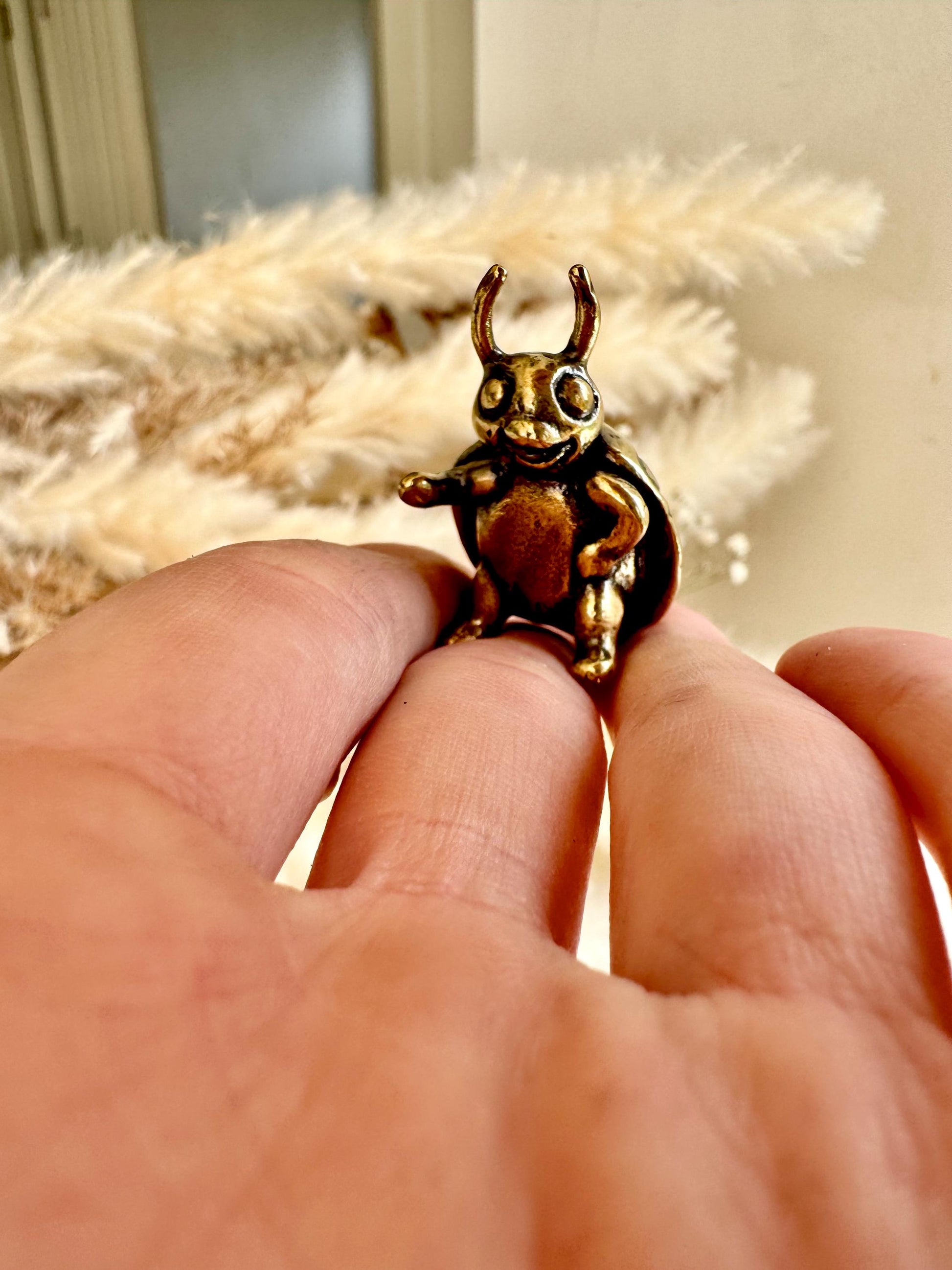 Solid brass Happy Ladybug figurine, little ladybird statuette, fine metal workmanship, insect ornament, good luck trinket