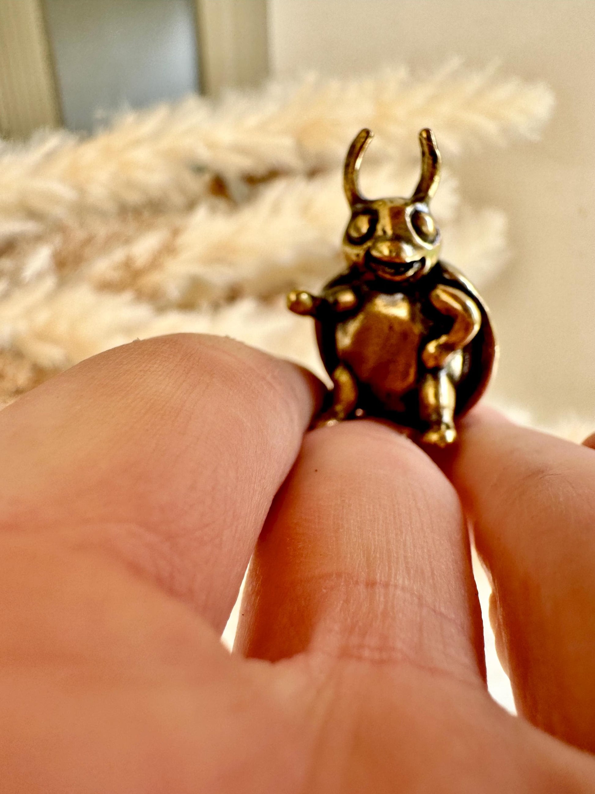 Solid brass Happy Ladybug figurine, little ladybird statuette, fine metal workmanship, insect ornament, good luck trinket