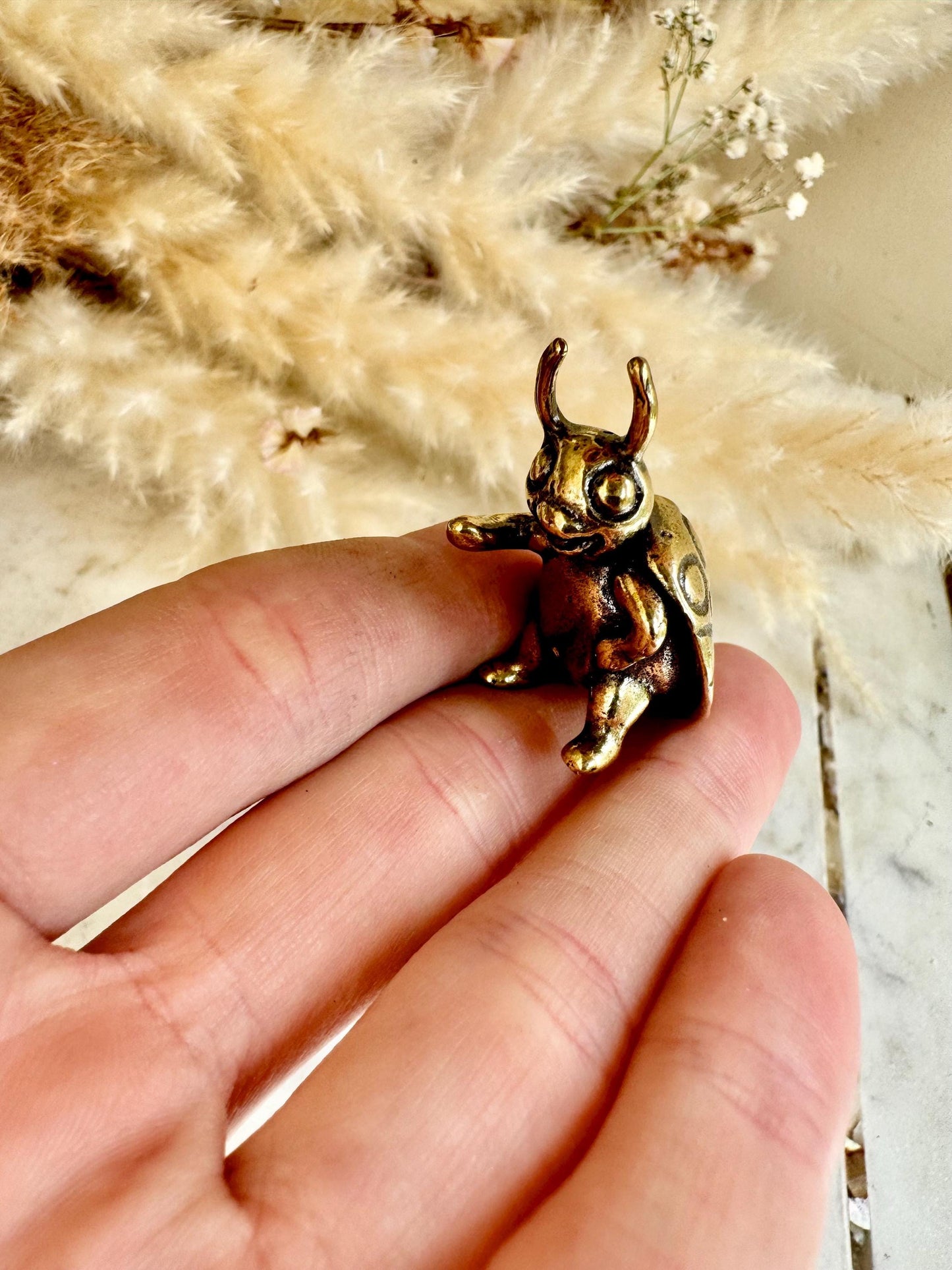 Solid brass Happy Ladybug figurine, little ladybird statuette, fine metal workmanship, insect ornament, good luck trinket