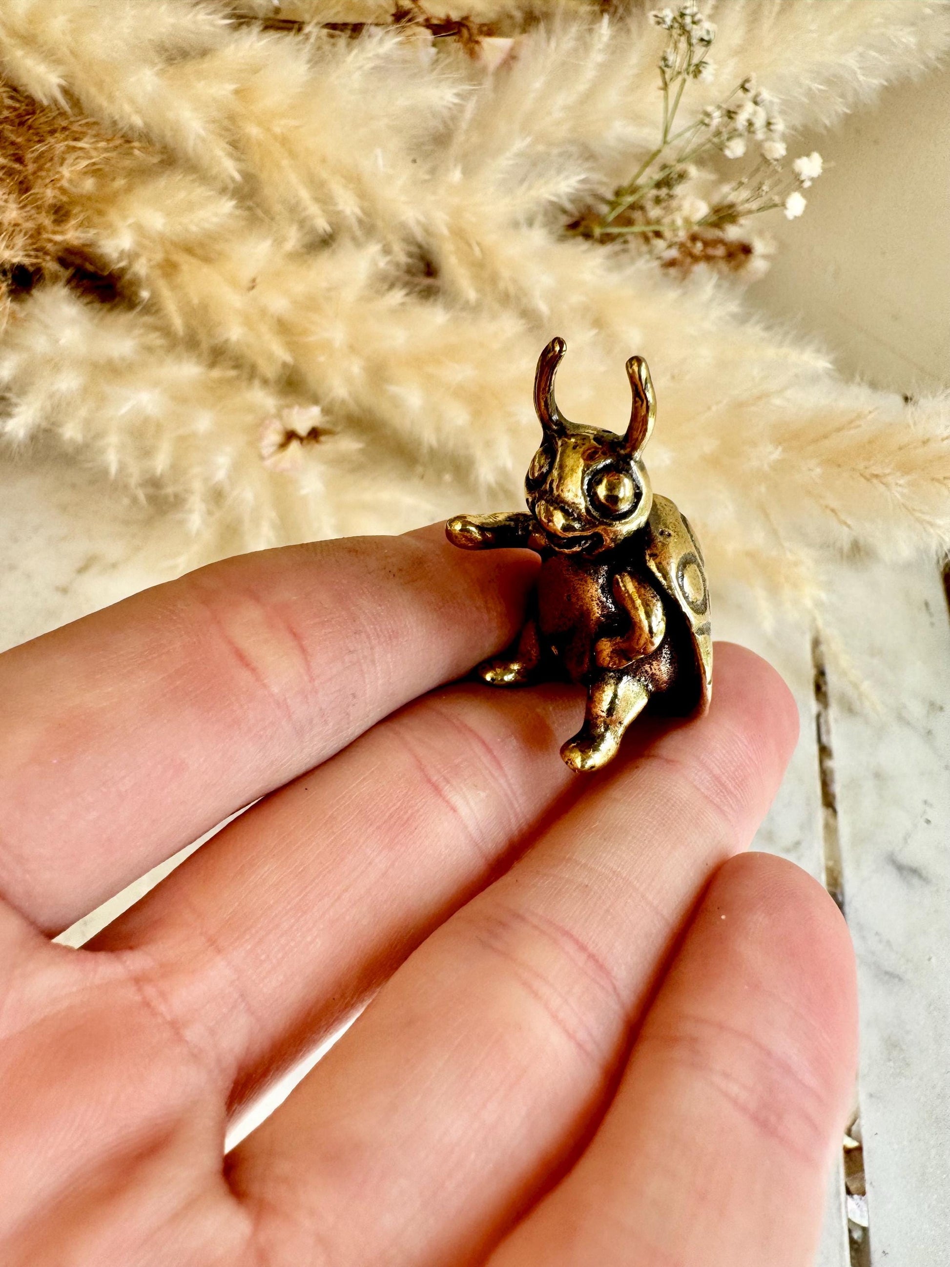 Solid brass Happy Ladybug figurine, little ladybird statuette, fine metal workmanship, insect ornament, good luck trinket