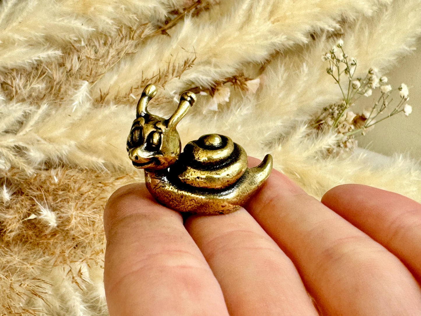 Solid brass Happy Garden Snail Miniature, Metal Snail figurine, lifelike solid brass shelled gastropod ornament