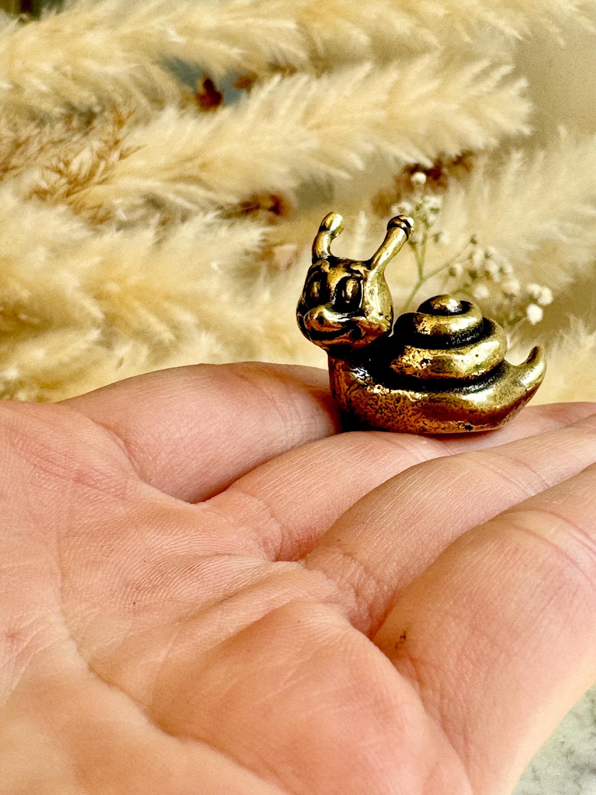 Solid brass Happy Garden Snail Miniature, Metal Snail figurine, lifelike solid brass shelled gastropod ornament