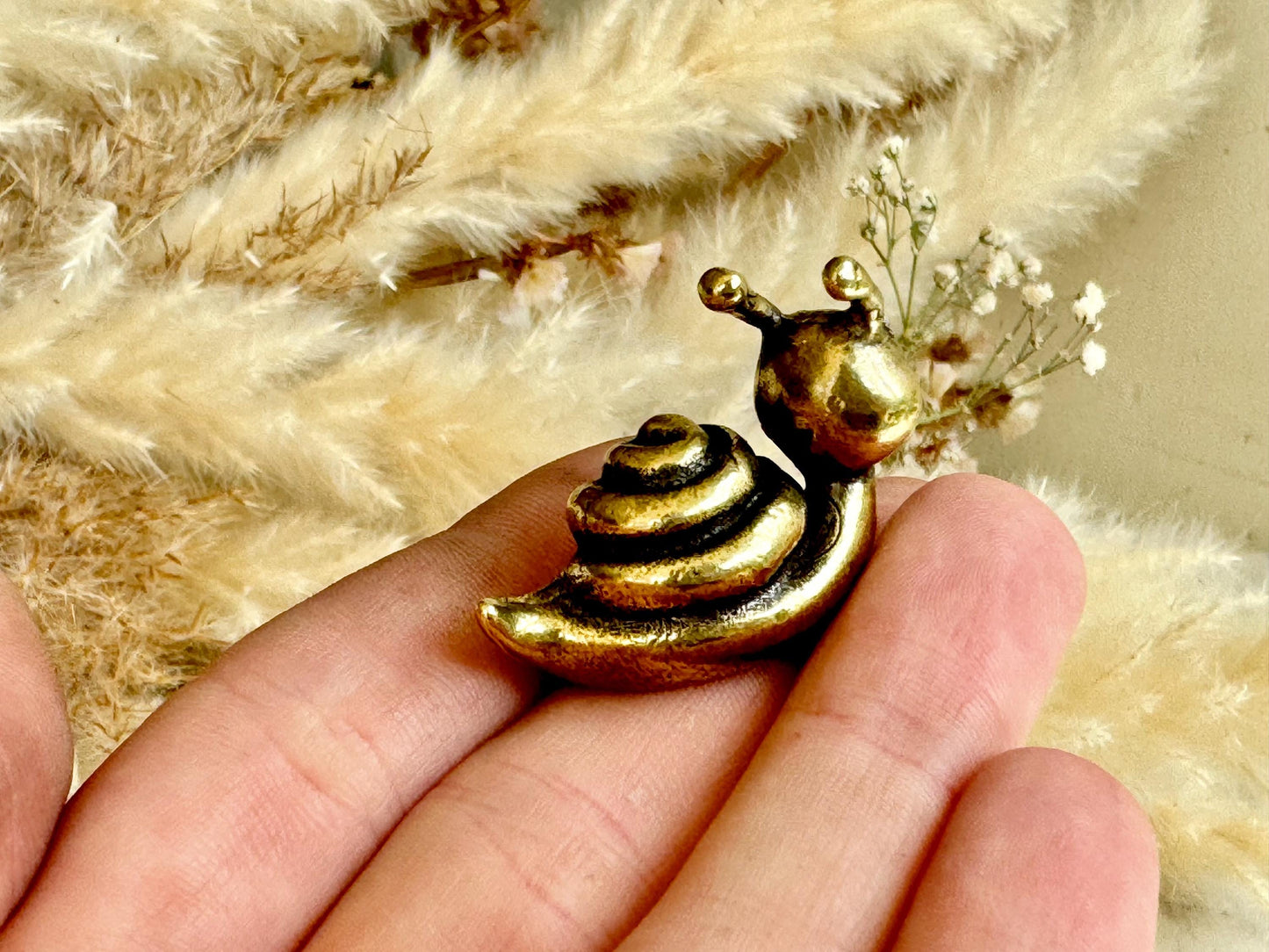 Solid brass Happy Garden Snail Miniature, Metal Snail figurine, lifelike solid brass shelled gastropod ornament