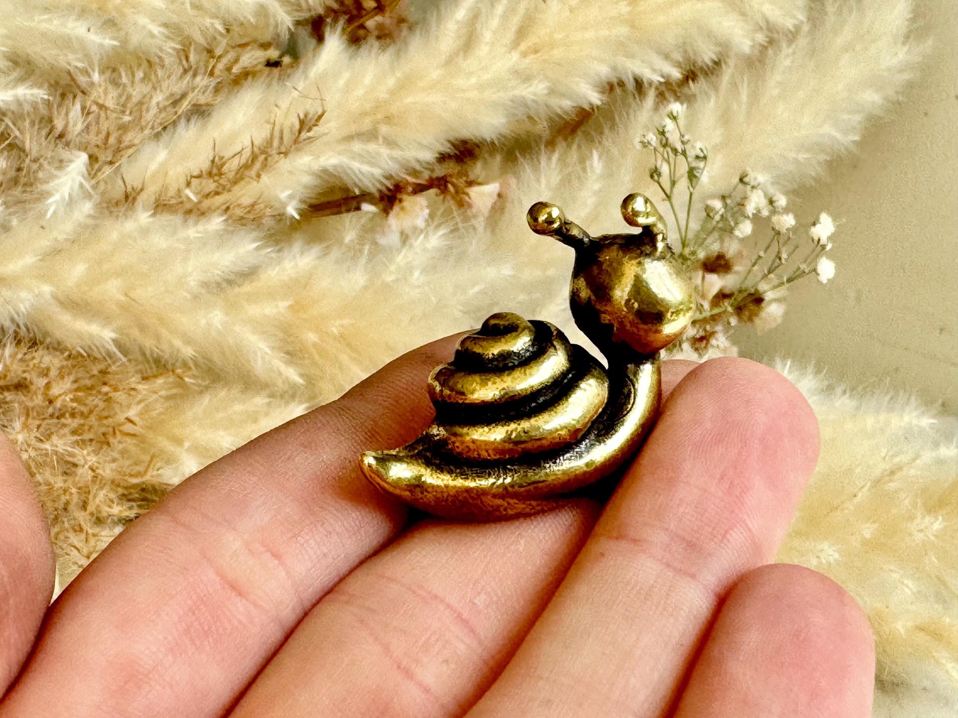 Solid brass Happy Garden Snail Miniature, Metal Snail figurine, lifelike solid brass shelled gastropod ornament