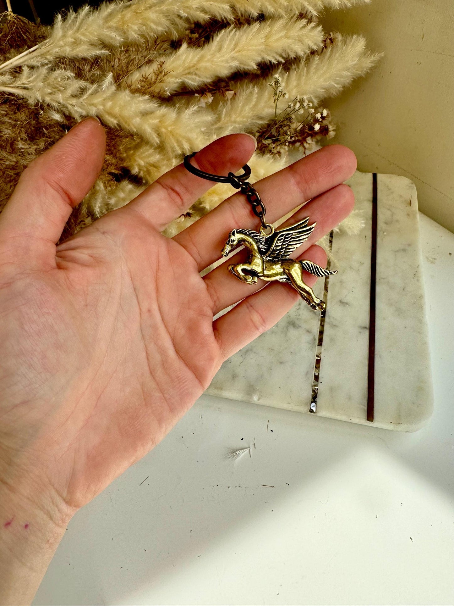 Solid Brass Horse Wings Pegasus Key Ring - Metal Lucky Charm Pendant | Mythical Horse Gift, Equestrian Accessory, Golden Pegasus Jewelry
