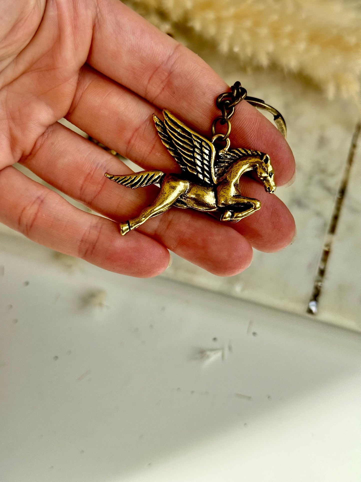 Solid Brass Horse Wings Pegasus Key Ring - Metal Lucky Charm Pendant | Mythical Horse Gift, Equestrian Accessory, Golden Pegasus Jewelry