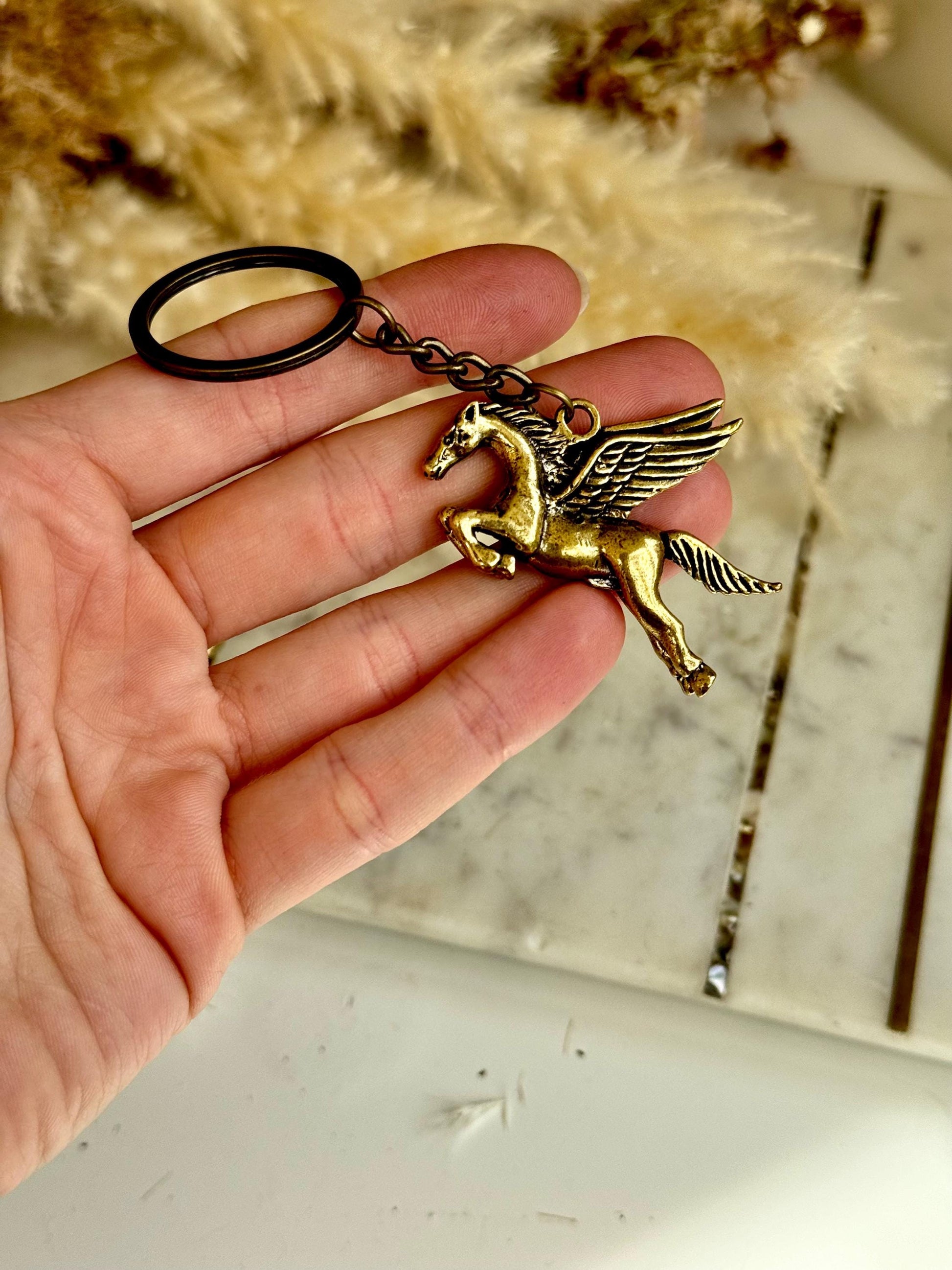 Solid Brass Horse Wings Pegasus Key Ring - Metal Lucky Charm Pendant | Mythical Horse Gift, Equestrian Accessory, Golden Pegasus Jewelry