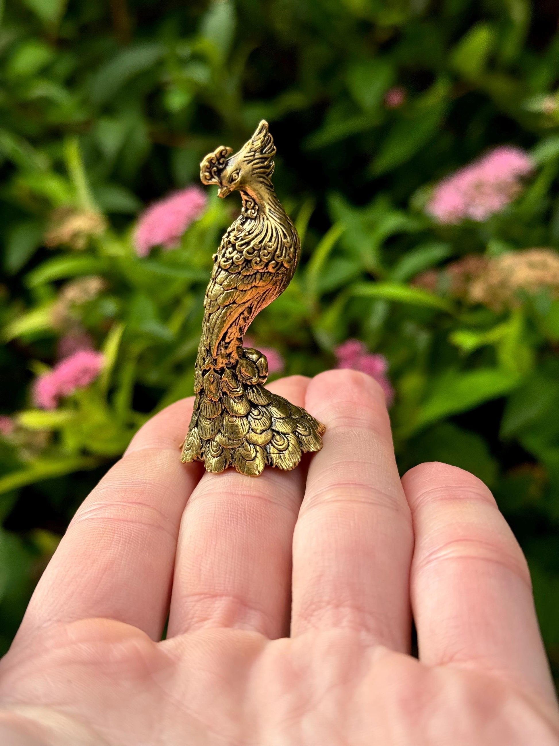 Solid Brass Peacock Figurine, Brass Bohemian Ornament, Tropical bird miniature, Beautiful Metal Paperweight, Eclectic Decor
