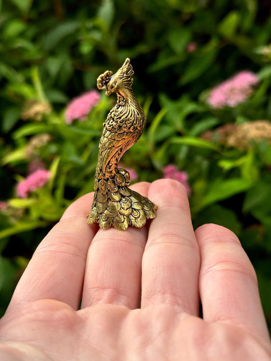 Solid Brass Peacock Figurine, Brass Bohemian Ornament, Tropical bird miniature, Beautiful Metal Paperweight, Eclectic Decor