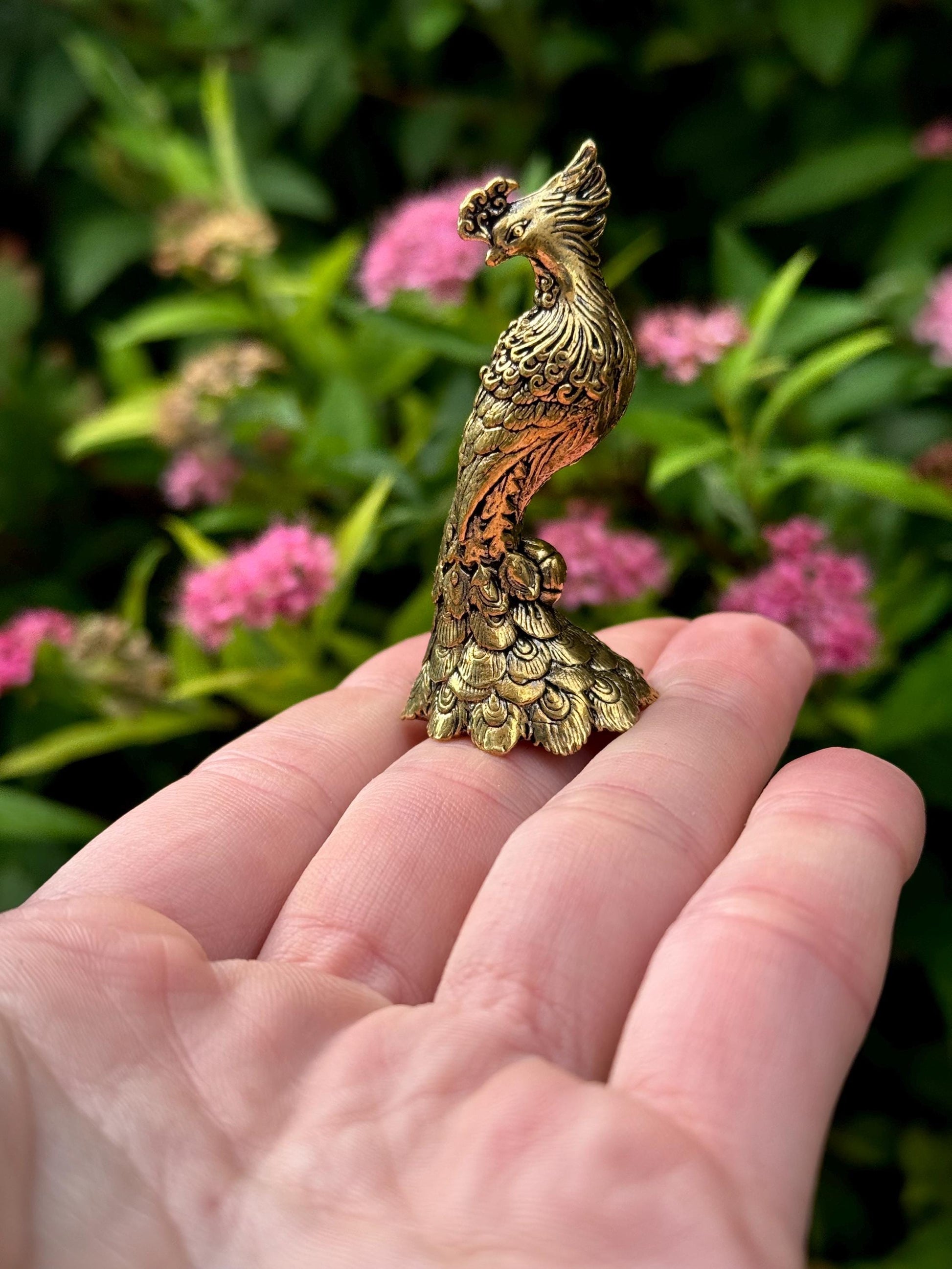 Solid Brass Peacock Figurine, Brass Bohemian Ornament, Tropical bird miniature, Beautiful Metal Paperweight, Eclectic Decor