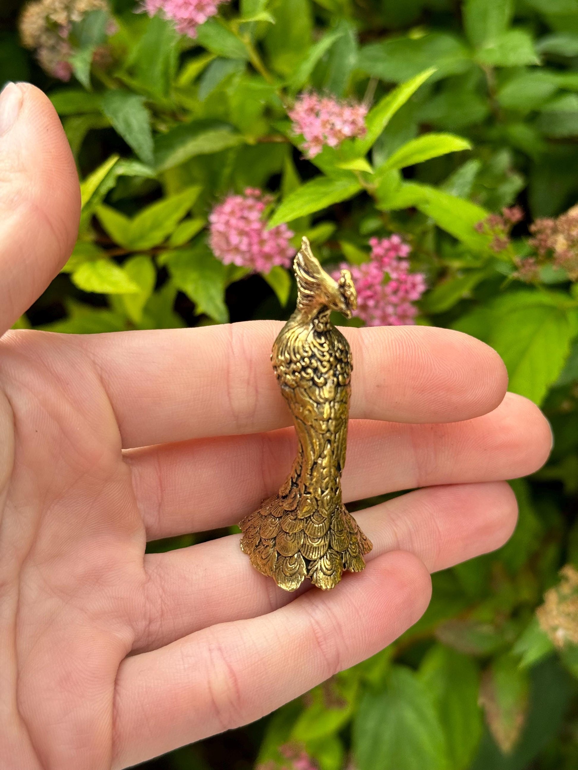 Solid Brass Peacock Figurine, Brass Bohemian Ornament, Tropical bird miniature, Beautiful Metal Paperweight, Eclectic Decor