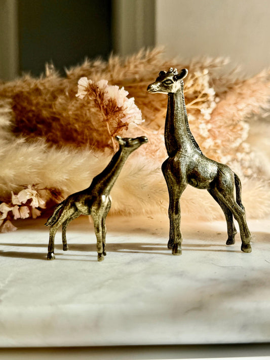 Traditional style giraffe family, Fine solid brass baby and mother giraffe statuette, Safari decor, Miniature zoo, Gift for animal lovers