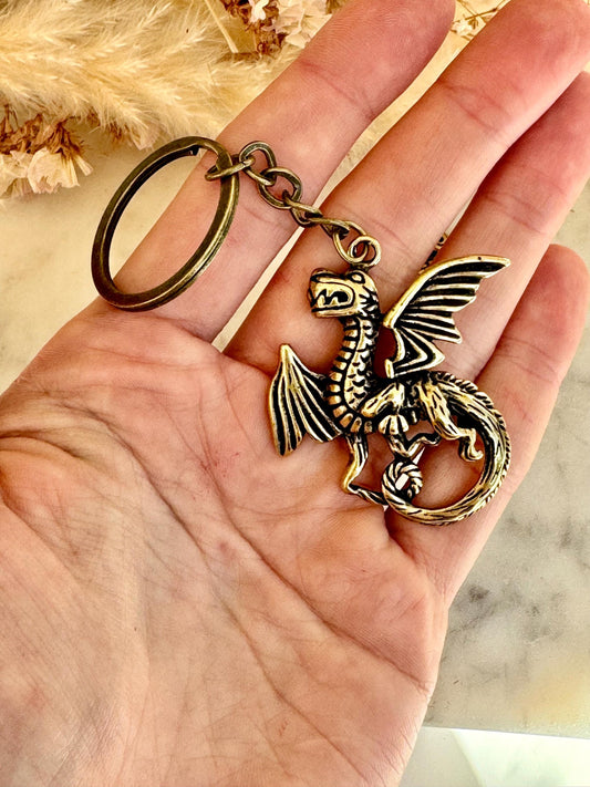 Solid Brass Western Dragon Keychain, Brass Dragon pendant, fine brass dragon Key Ring