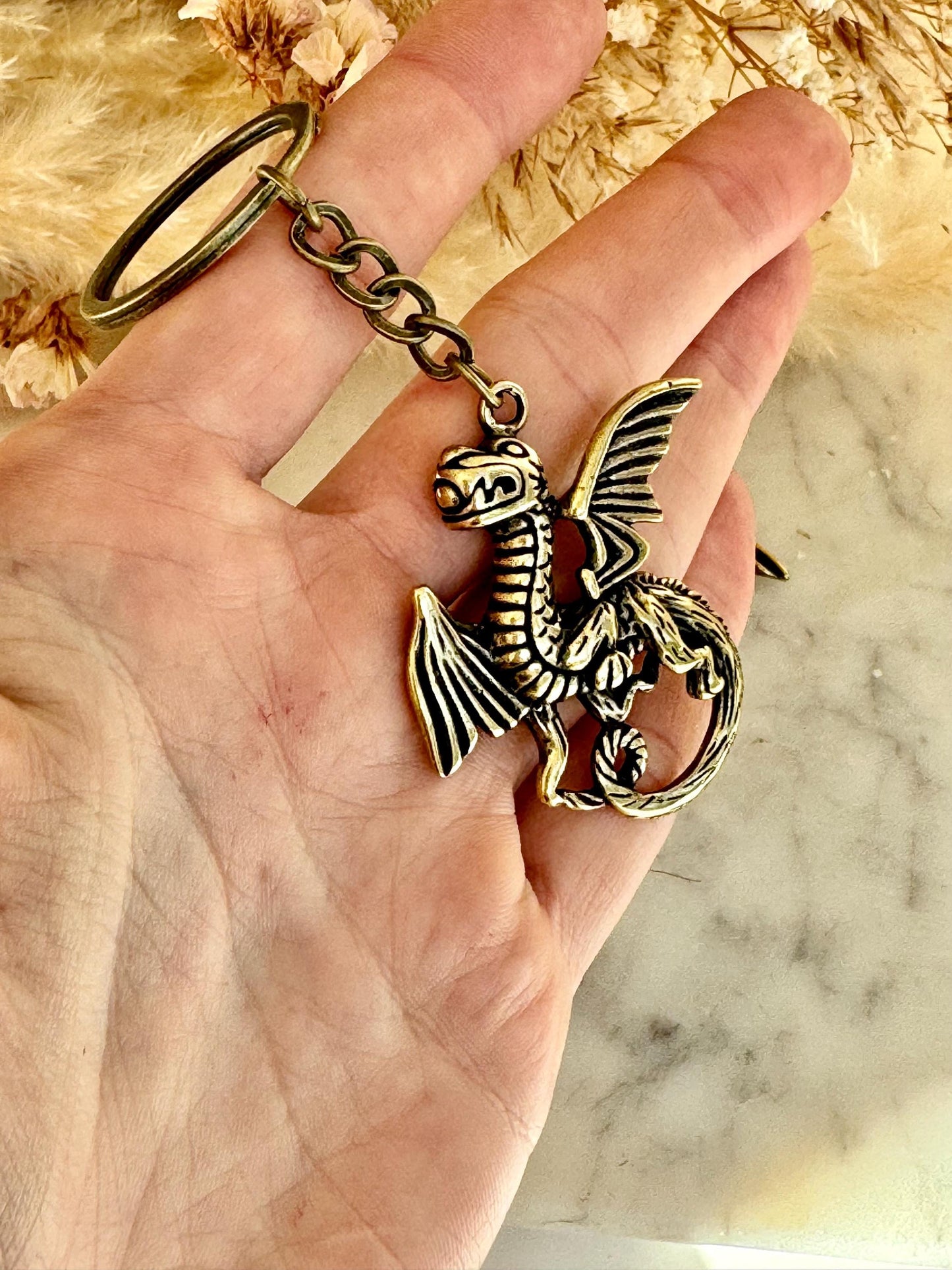 Solid Brass Western Dragon Keychain, Brass Dragon pendant, fine brass dragon Key Ring