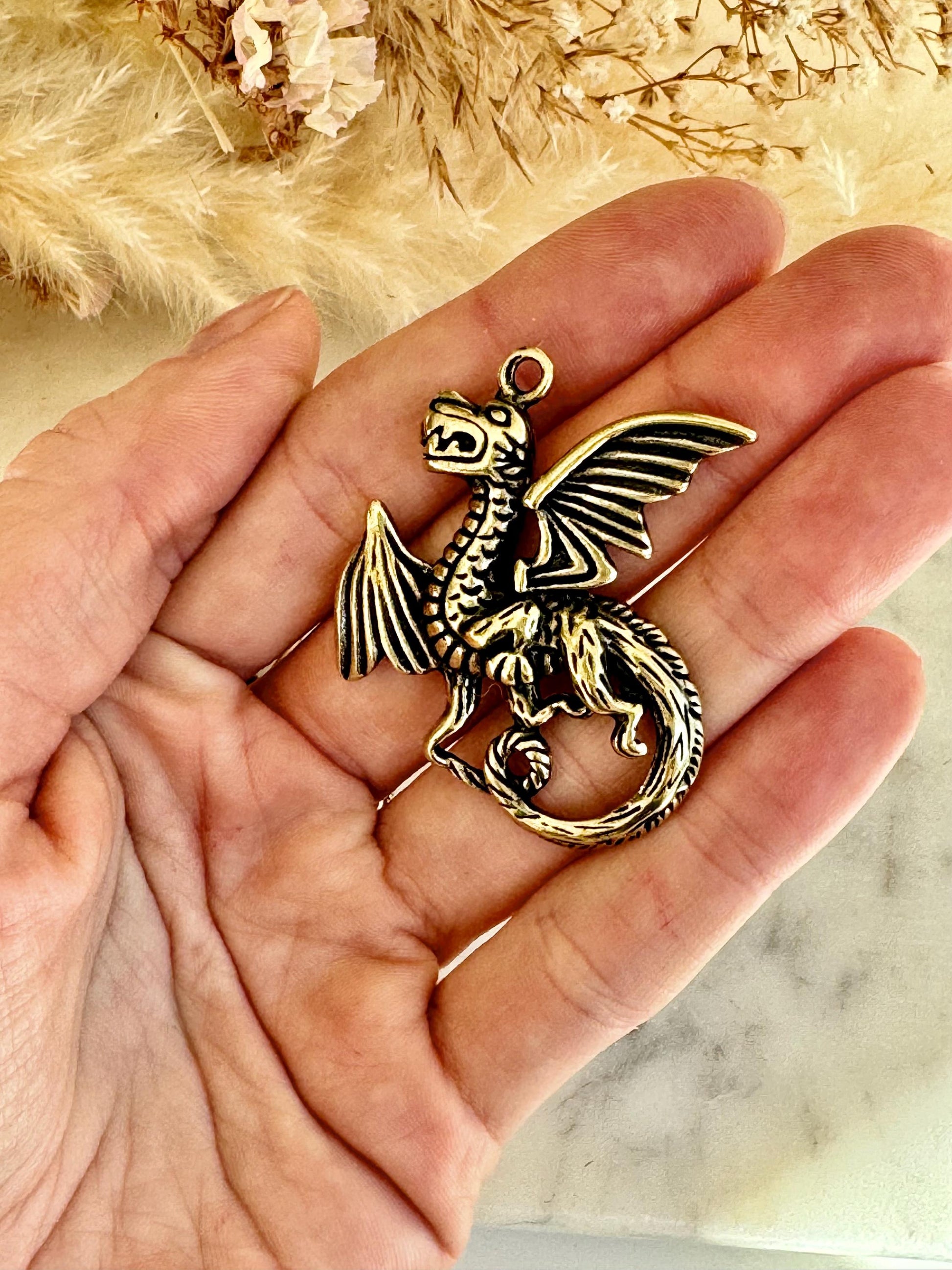 Solid Brass Western Dragon Keychain, Brass Dragon pendant, fine brass dragon Key Ring