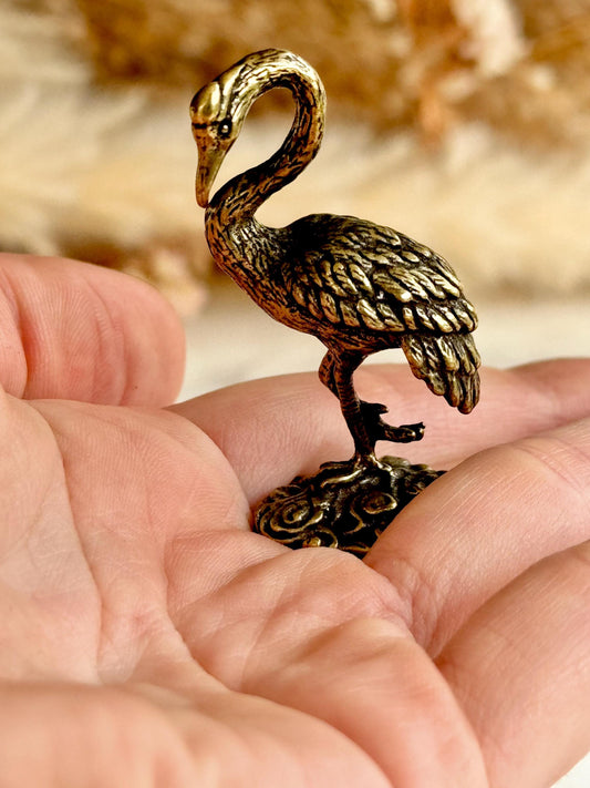 Solid brass Japanese style crane Statue, Standing heron figurine, Stork paperweight gifts, crane plant decoration