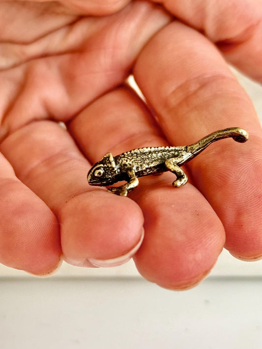 Tiny Solid Brass fine Chameleon figurine, lizard lover gifts, reptile lover gifts, gecko trinket
