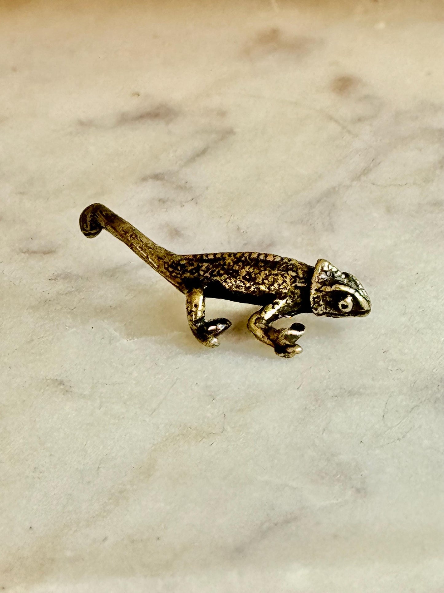 Tiny Solid Brass fine Chameleon figurine, lizard lover gifts, reptile lover gifts, gecko trinket