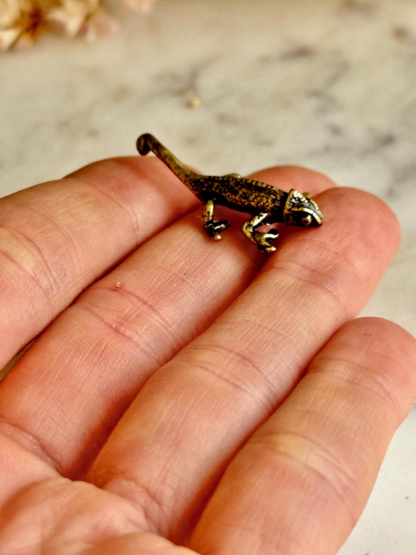 Tiny Solid Brass fine Chameleon figurine, lizard lover gifts, reptile lover gifts, gecko trinket