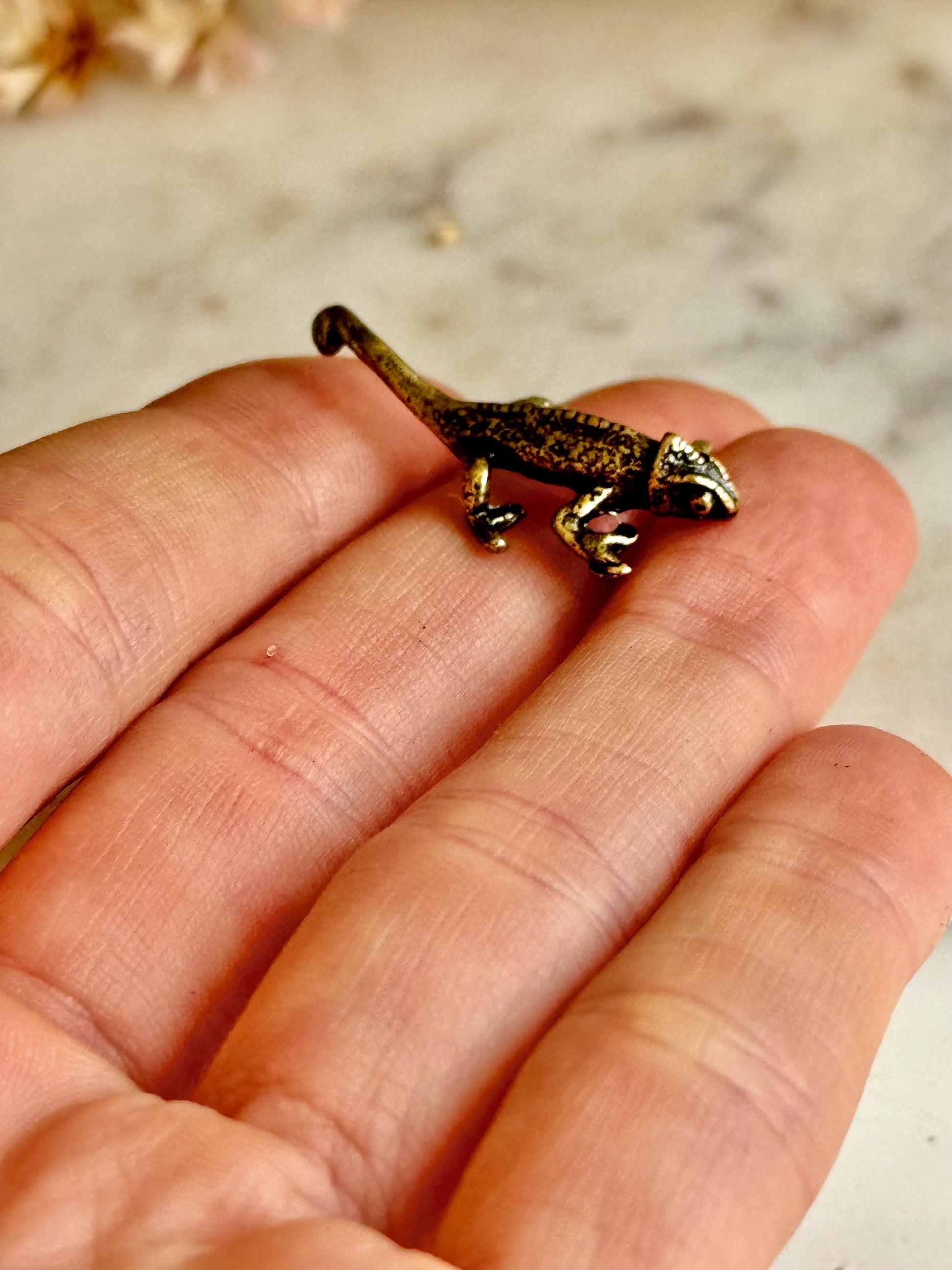 Tiny Solid Brass fine Chameleon figurine, lizard lover gifts, reptile lover gifts, gecko trinket