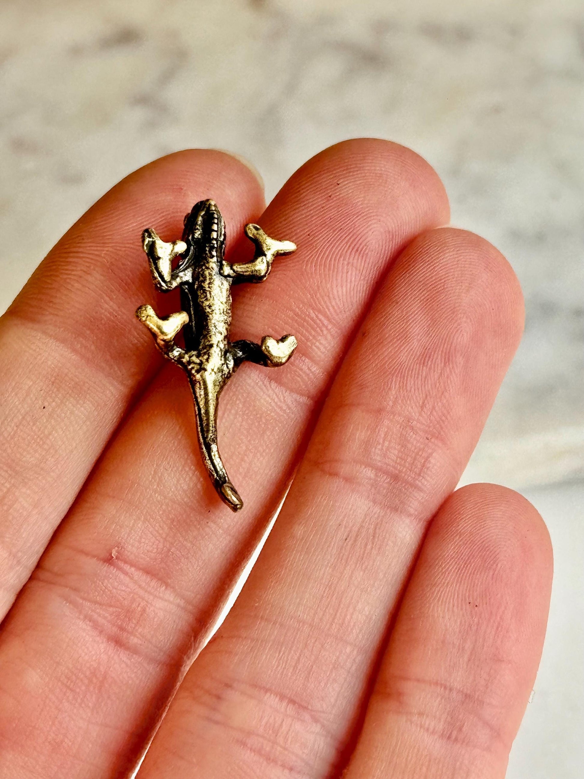Tiny Solid Brass fine Chameleon figurine, lizard lover gifts, reptile lover gifts, gecko trinket