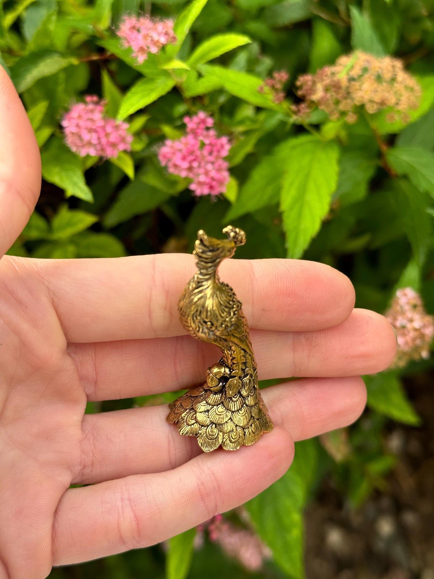 Solid Brass Peacock Figurine, Brass Bohemian Ornament, Tropical bird miniature, Beautiful Metal Paperweight, Eclectic Decor