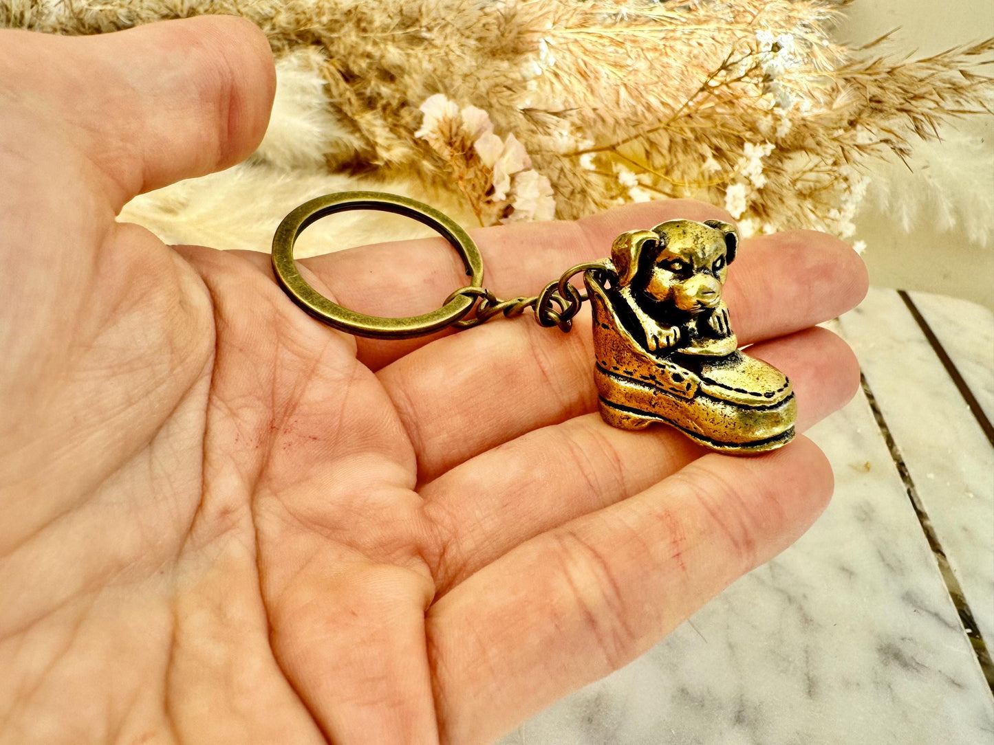 Adorable solid brass puppy in a boot statuette, little metal puppy keyring, cute little doggie keychain, thoughtful gift dog lover