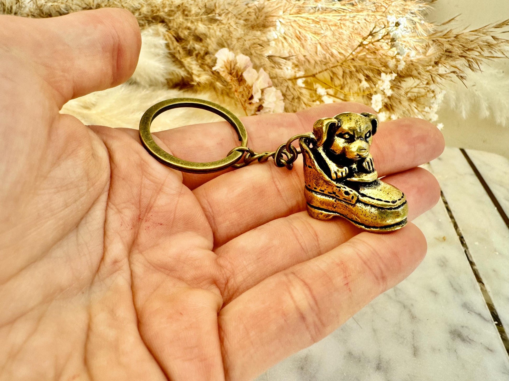 Adorable solid brass puppy in a boot statuette, little metal puppy keyring, cute little doggie keychain, thoughtful gift dog lover