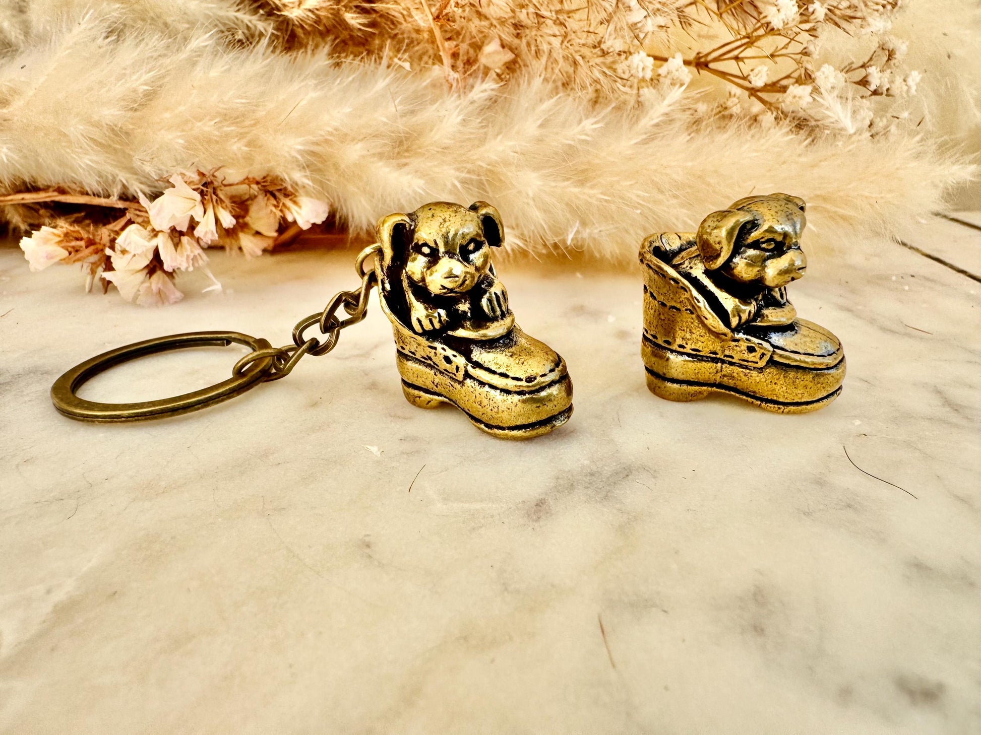 Adorable solid brass puppy in a boot statuette, little metal puppy keyring, cute little doggie keychain, thoughtful gift dog lover
