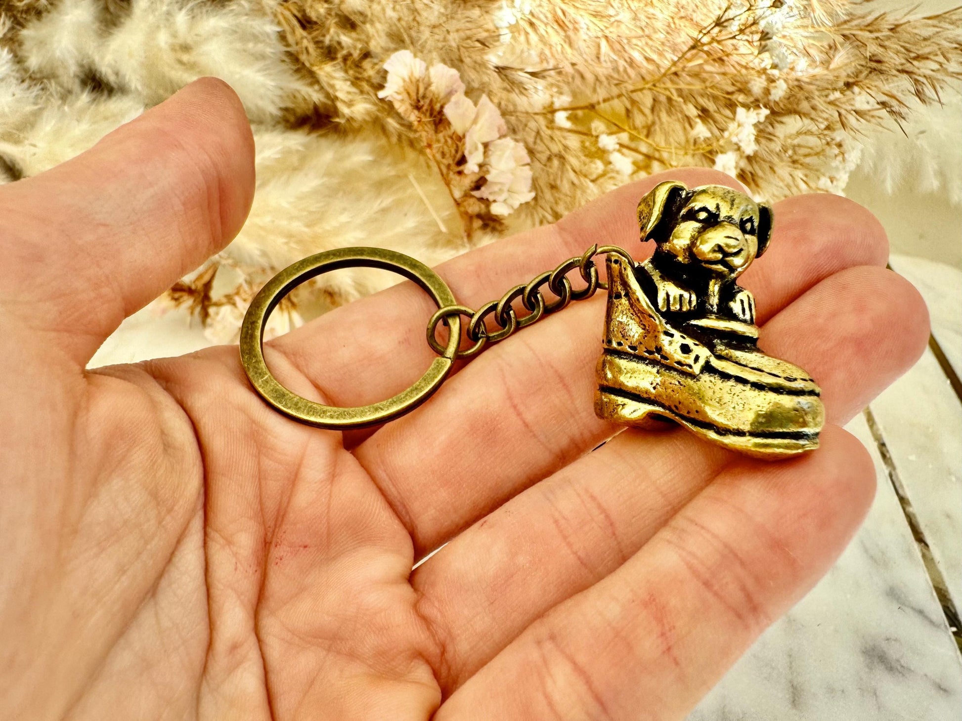 Adorable solid brass puppy in a boot statuette, little metal puppy keyring, cute little doggie keychain, thoughtful gift dog lover