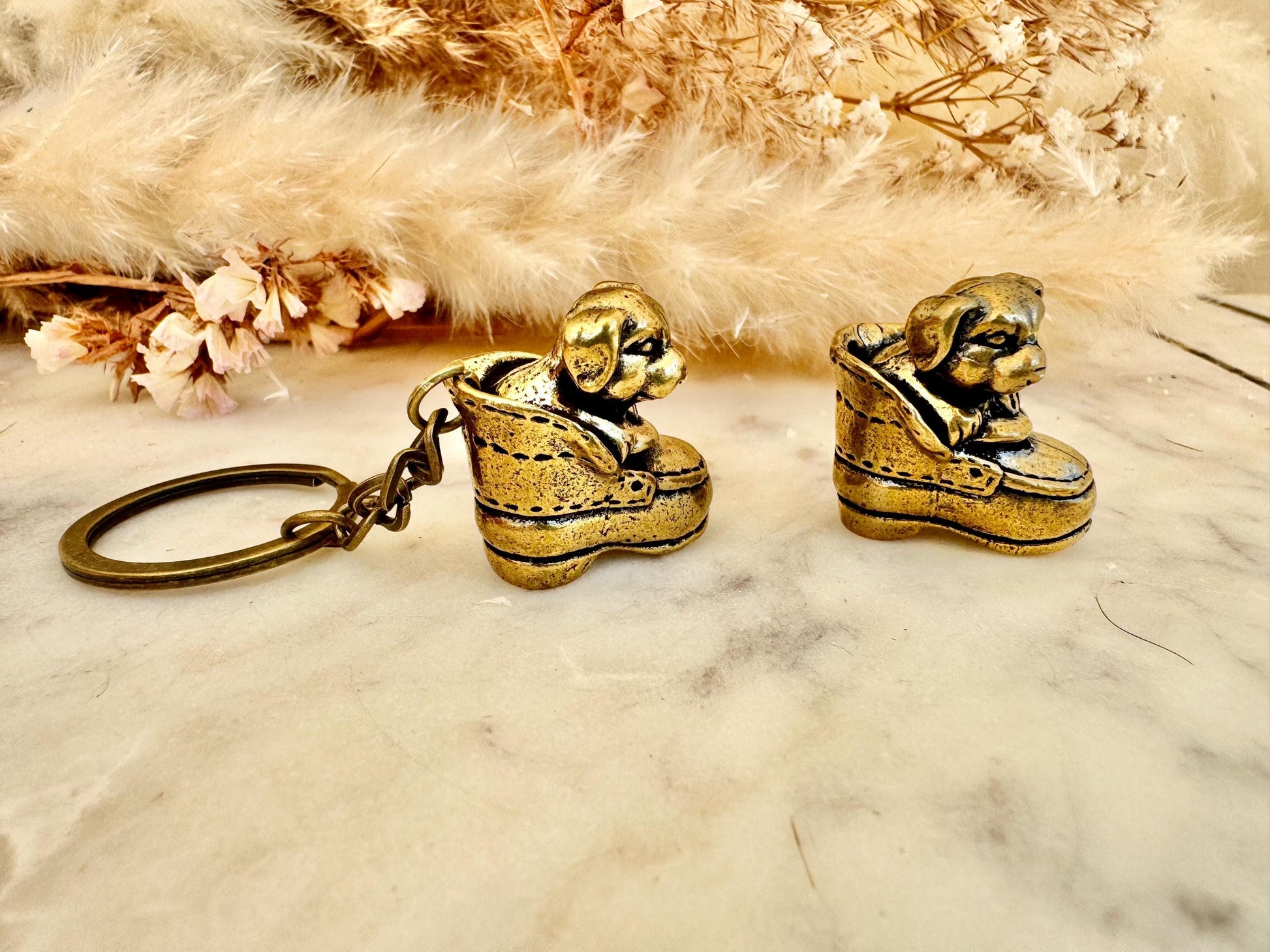 Adorable solid brass puppy in a boot statuette, little metal puppy keyring, cute little doggie keychain, thoughtful gift dog lover