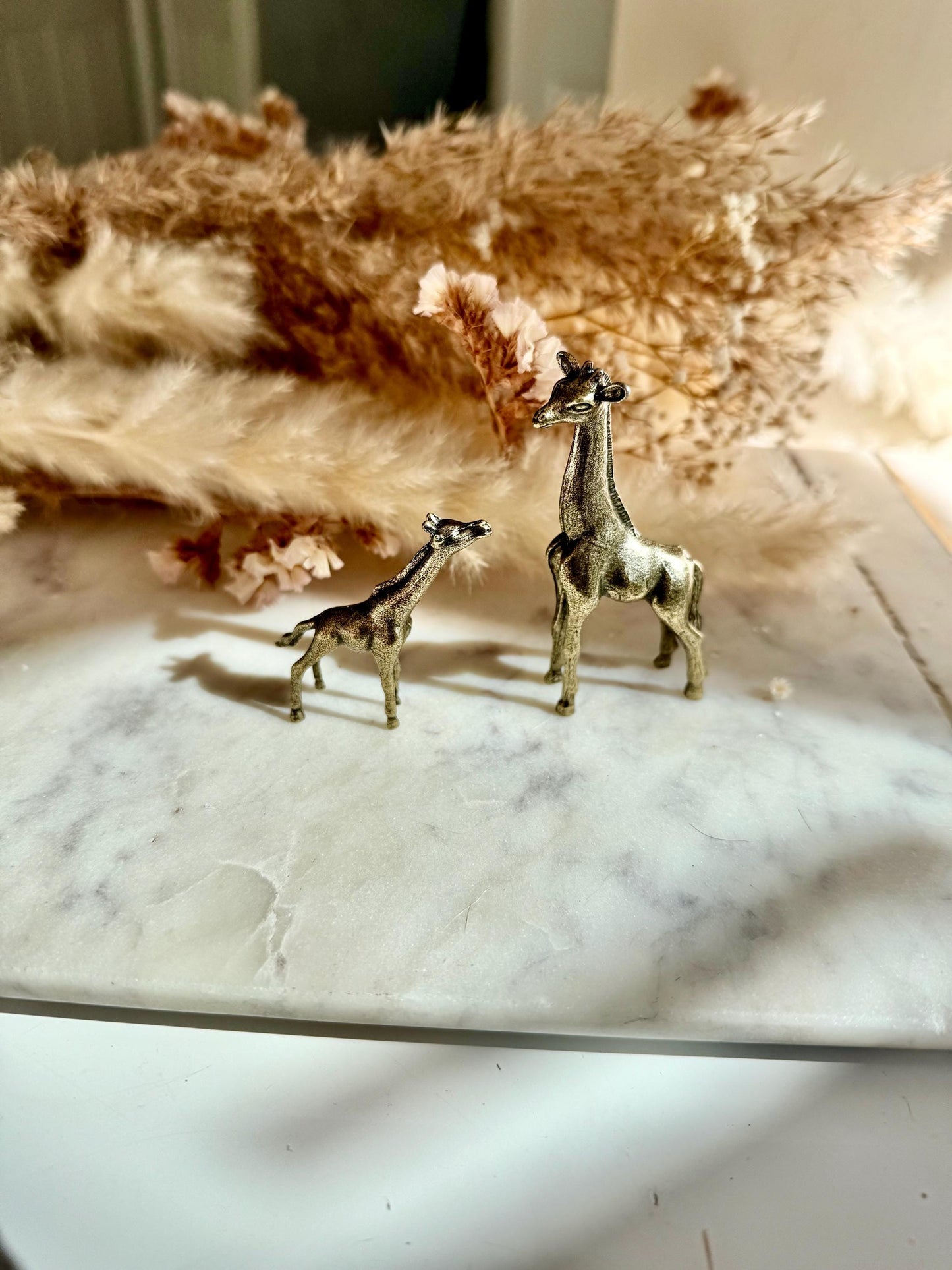 Traditional style giraffe family, Fine solid brass baby and mother giraffe statuette, Safari decor, Miniature zoo, Gift for animal lovers